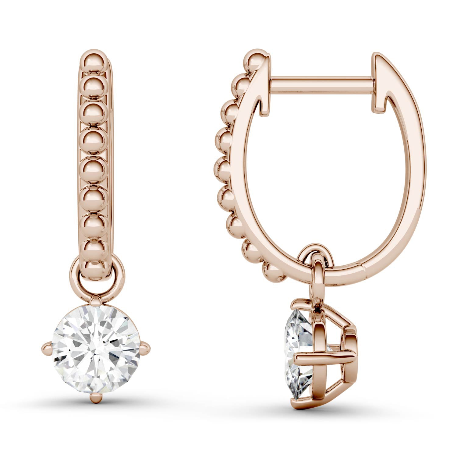 1.00 CTW DEW Round Moissanite Drop Earrings in 14K Rose Gold