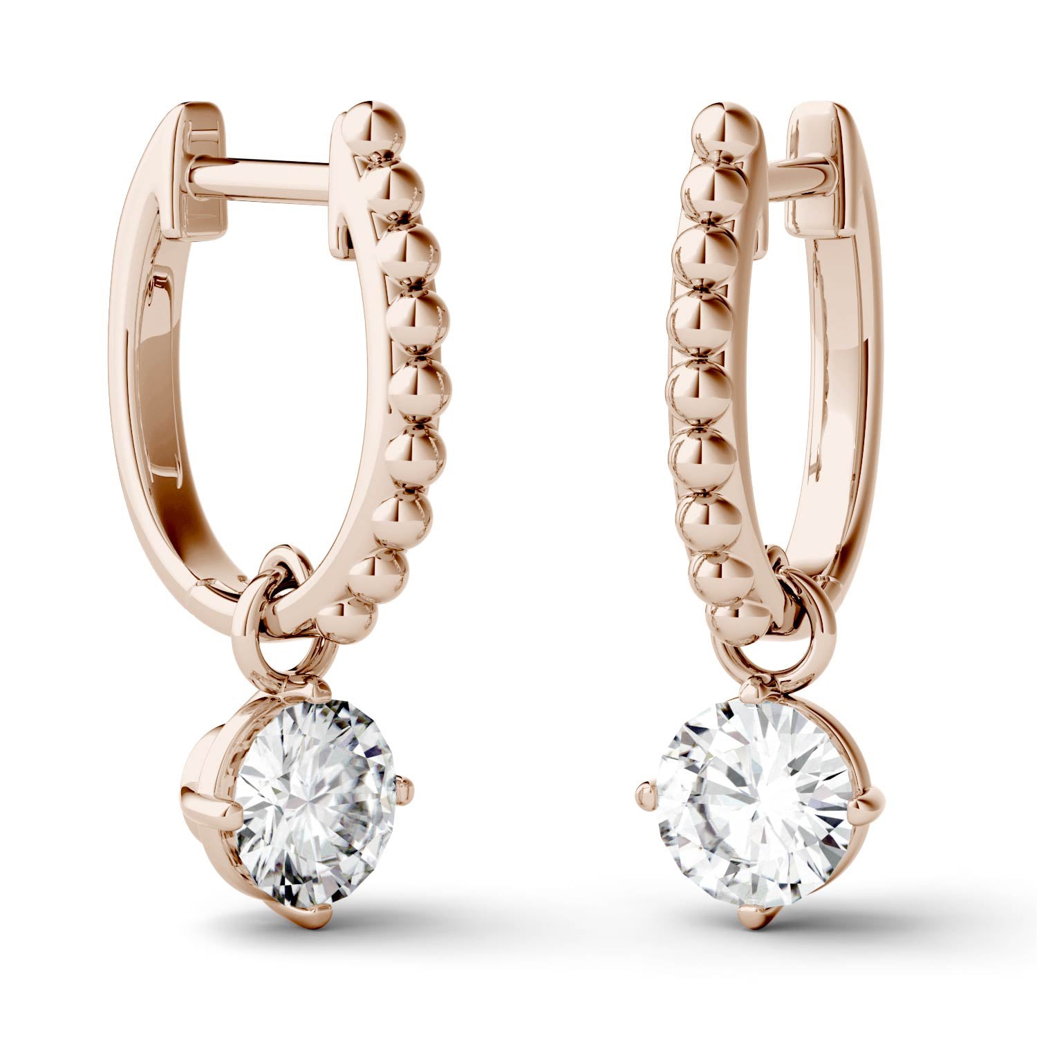 1.00 CTW DEW Round Moissanite Drop Earrings in 14K Rose Gold