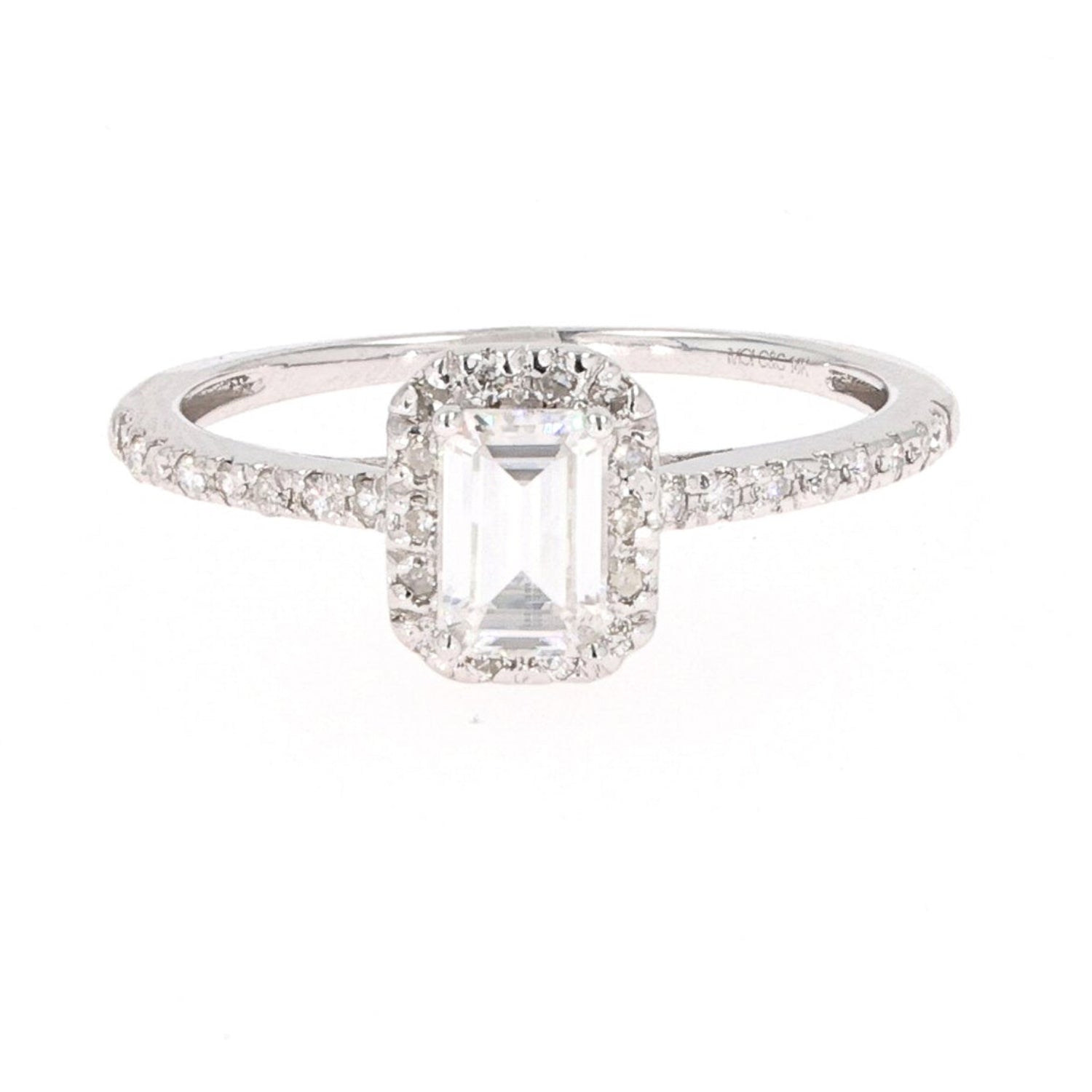 0.73 CTW DEW Emerald Near-Colorless Moissanite Accented Halo Engagement Ring in 14K White Gold