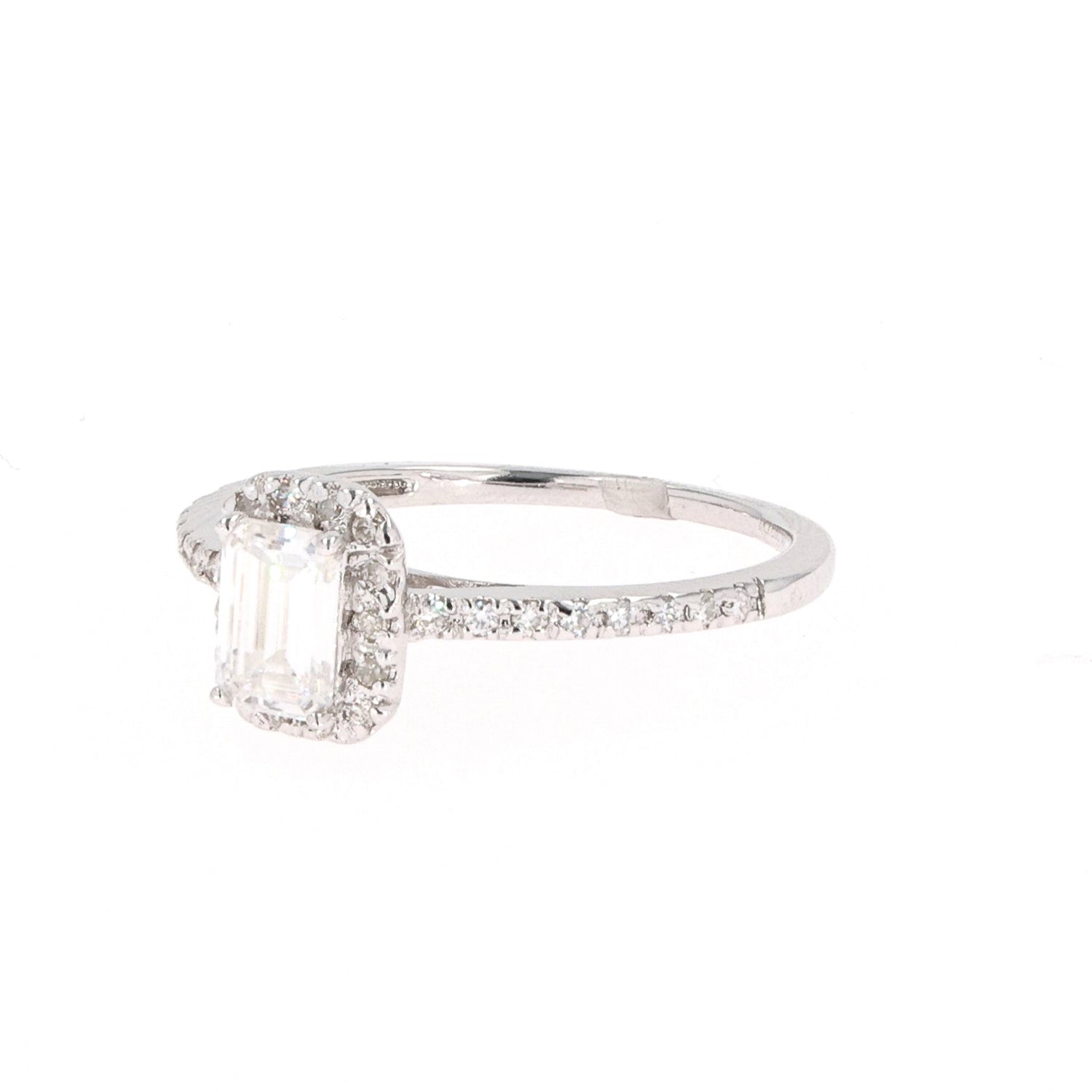 0.73 CTW DEW Emerald Near-Colorless Moissanite Accented Halo Engagement Ring in 14K White Gold