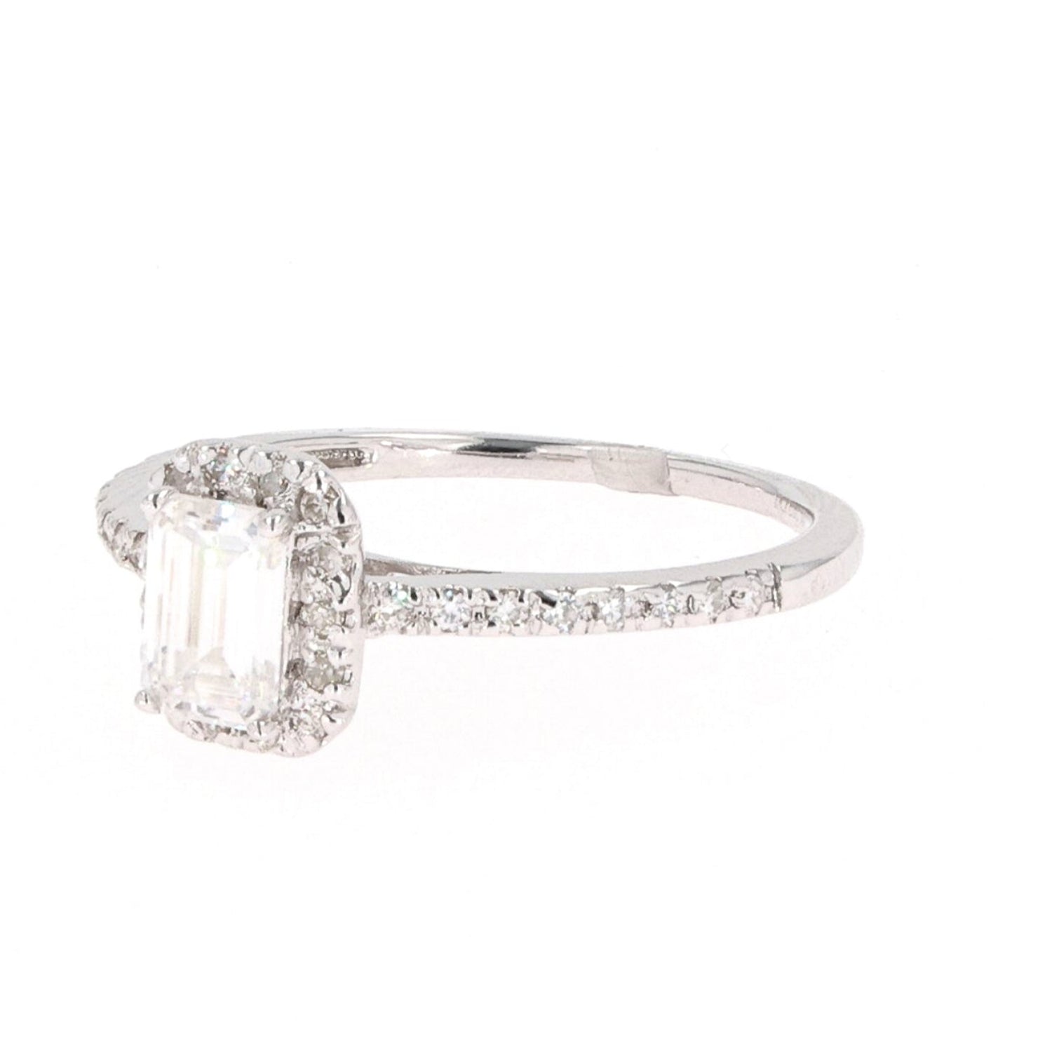 0.73 CTW DEW Emerald Near-Colorless Moissanite Accented Halo Engagement Ring in 14K White Gold