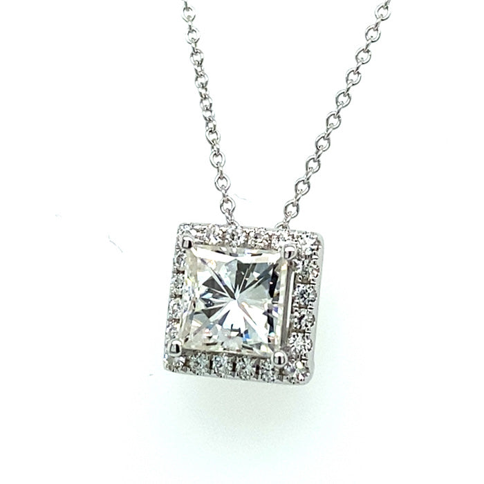 1.90 CTW DEW Square Near-Colorless Moissanite Halo Pendant in 14K White Gold