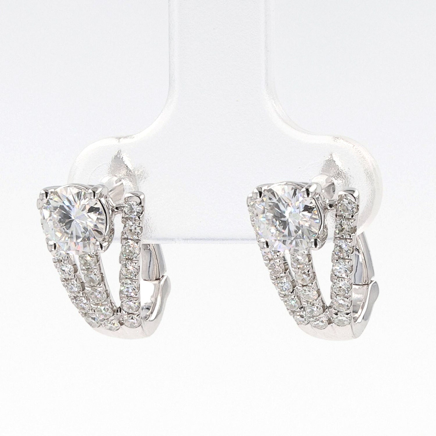 1.38 CTW DEW Round Near-Colorless Moissanite Three-Row Hoop Earrings in 14K White Gold