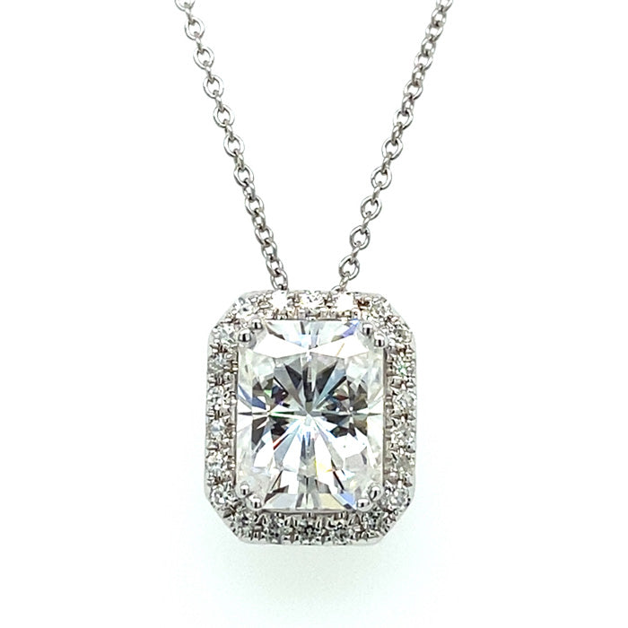 2.92 CTW DEW Radiant Near-Colorless Moissanite Halo Pendant in 14K White Gold