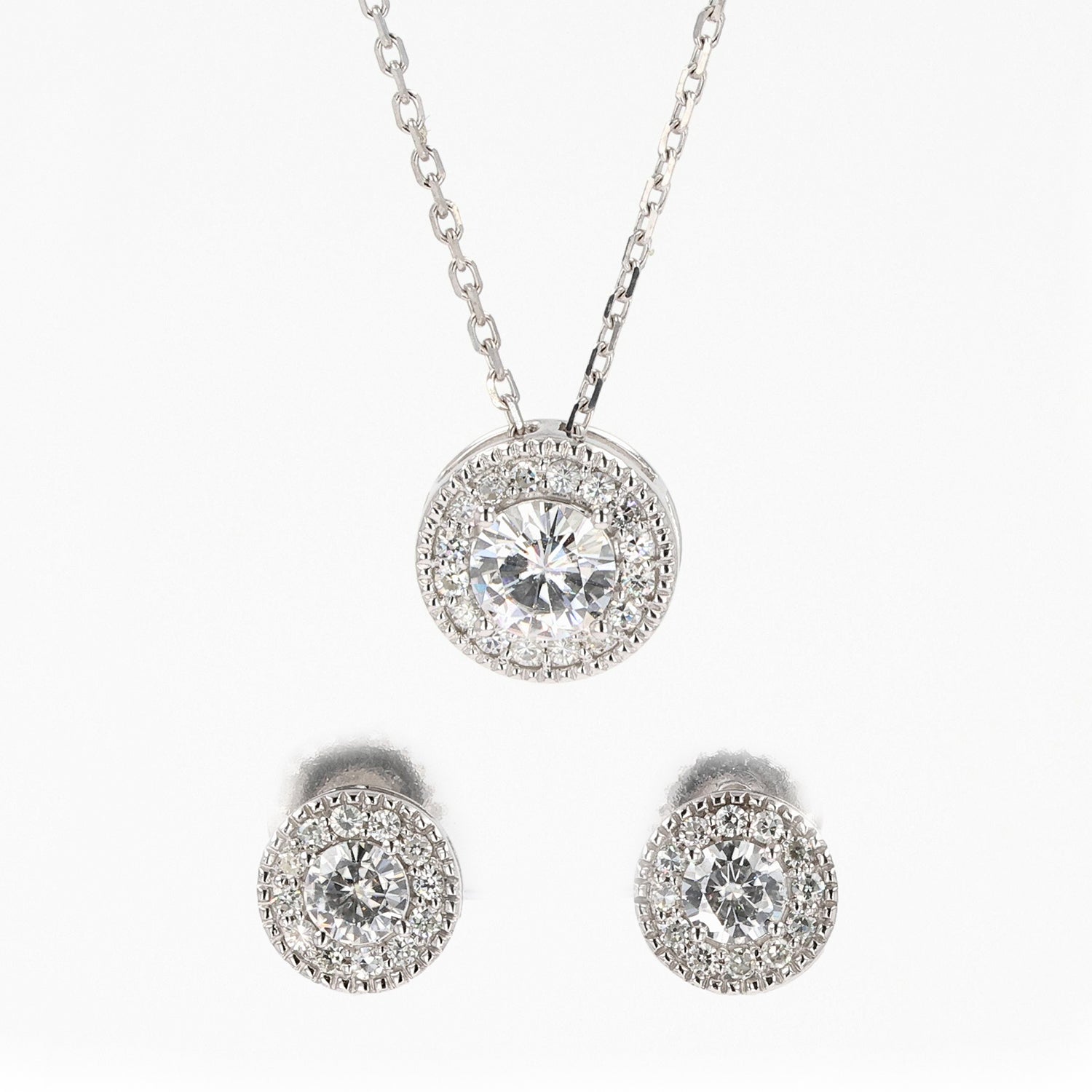 1.96 CTW DEW Round Moissanite Halo Earring & Pendant Set in Sterling Silver