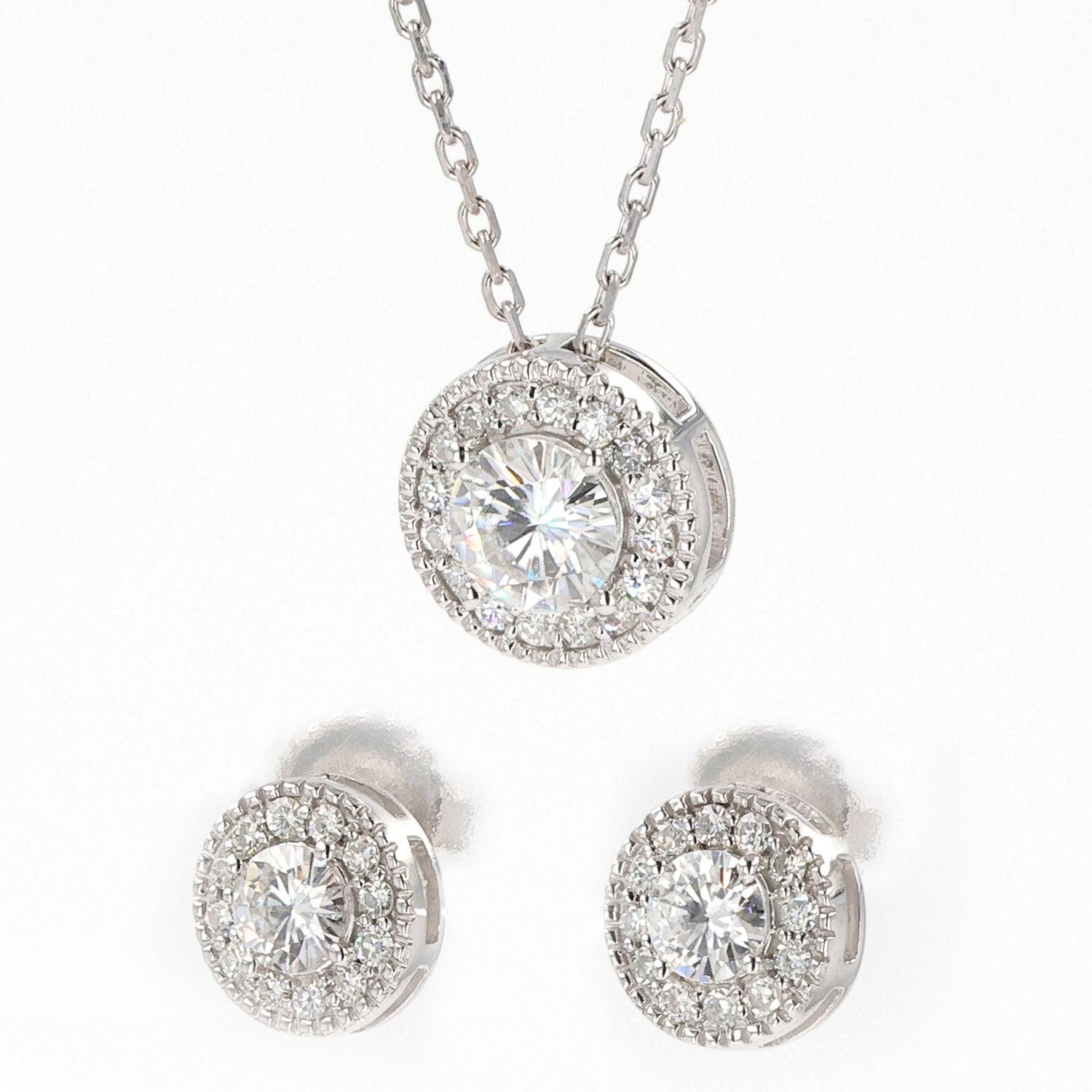 1.96 CTW DEW Round Moissanite Halo Earring & Pendant Set in Sterling Silver