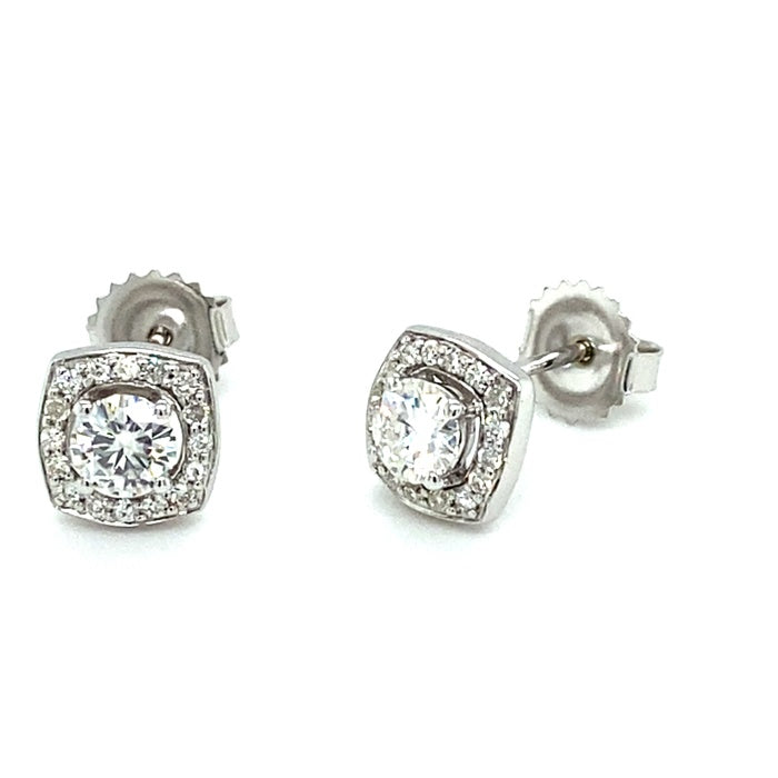 0.86 CTW DEW Round Near-Colorless Moissanite Halo Stud Earrings in 14K White Gold