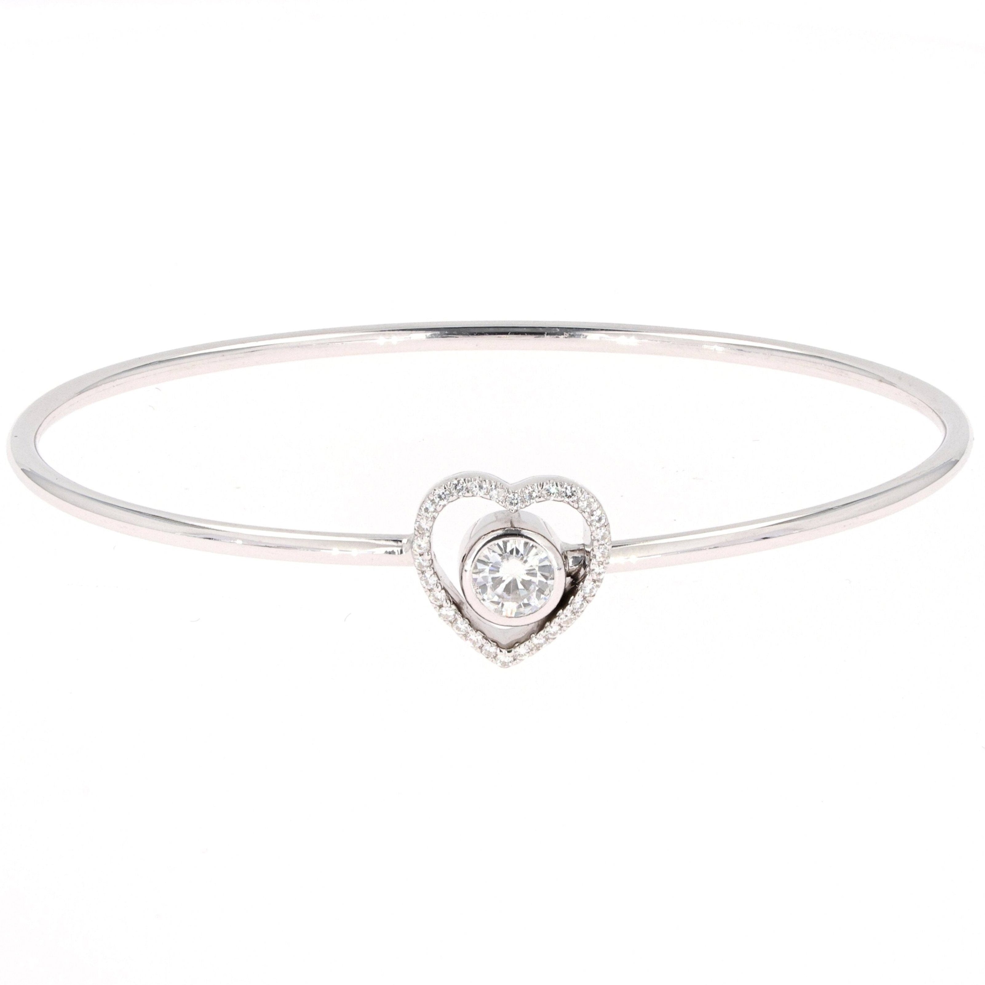 0.65 CTW DEW Round Near-Colorless Moissanite Pave Heart Bangle Bracelet in 14K White Gold
