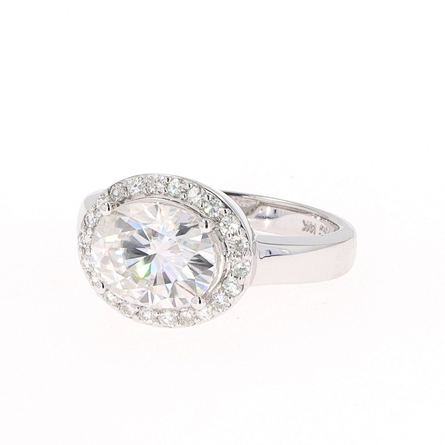 3.33 CTW DEW Oval Near-Colorless Moissanite East-West Halo Engagement Ring in 14K White Gold