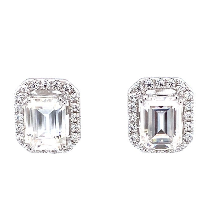 3.90 CTW DEW Emerald Near-Colorless Moissanite Halo Stud Earrings in 14K White Gold