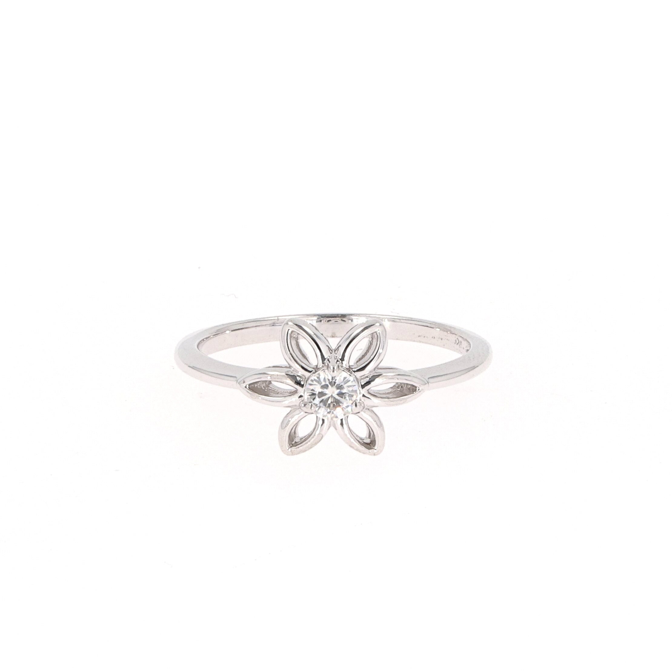 0.13 CTW DEW Round Moissanite Floral Solitaire Ring in Sterling Silver