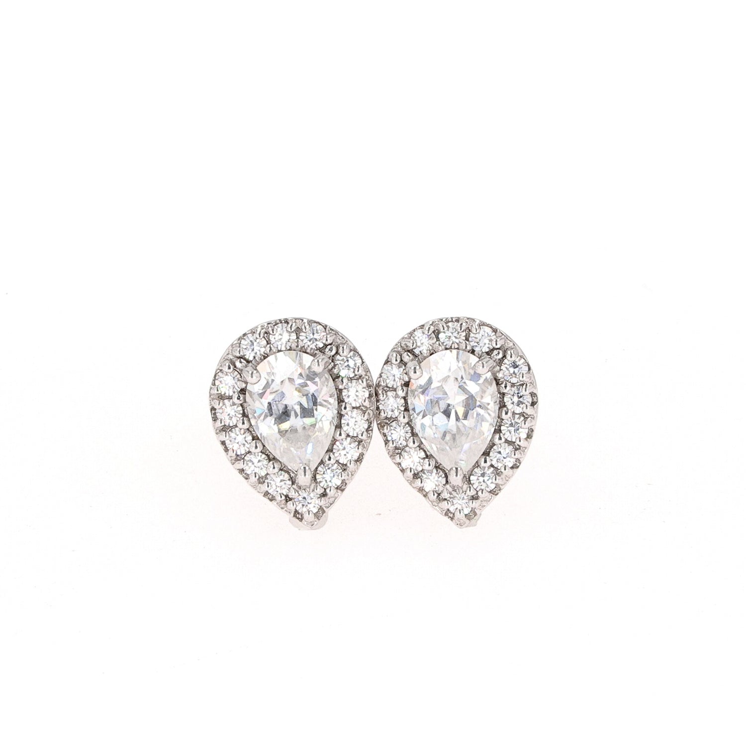 1.96 CTW DEW Pear Near-Colorless Moissanite Halo Stud Earrings in 14K White Gold