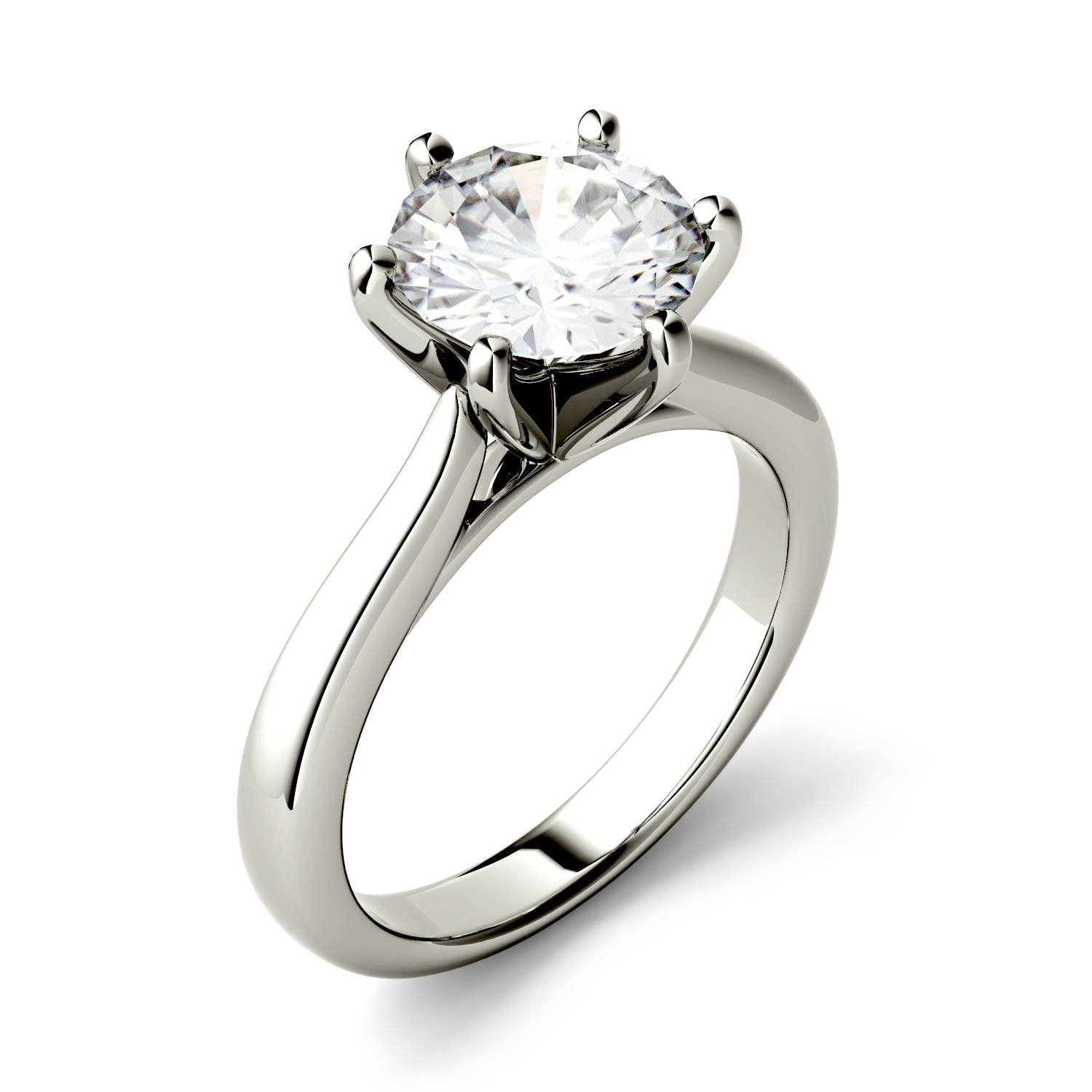 1.90 CTW DEW Round Moissanite Six-Prong Cathedral Solitaire Engagement Ring in 14K White Gold