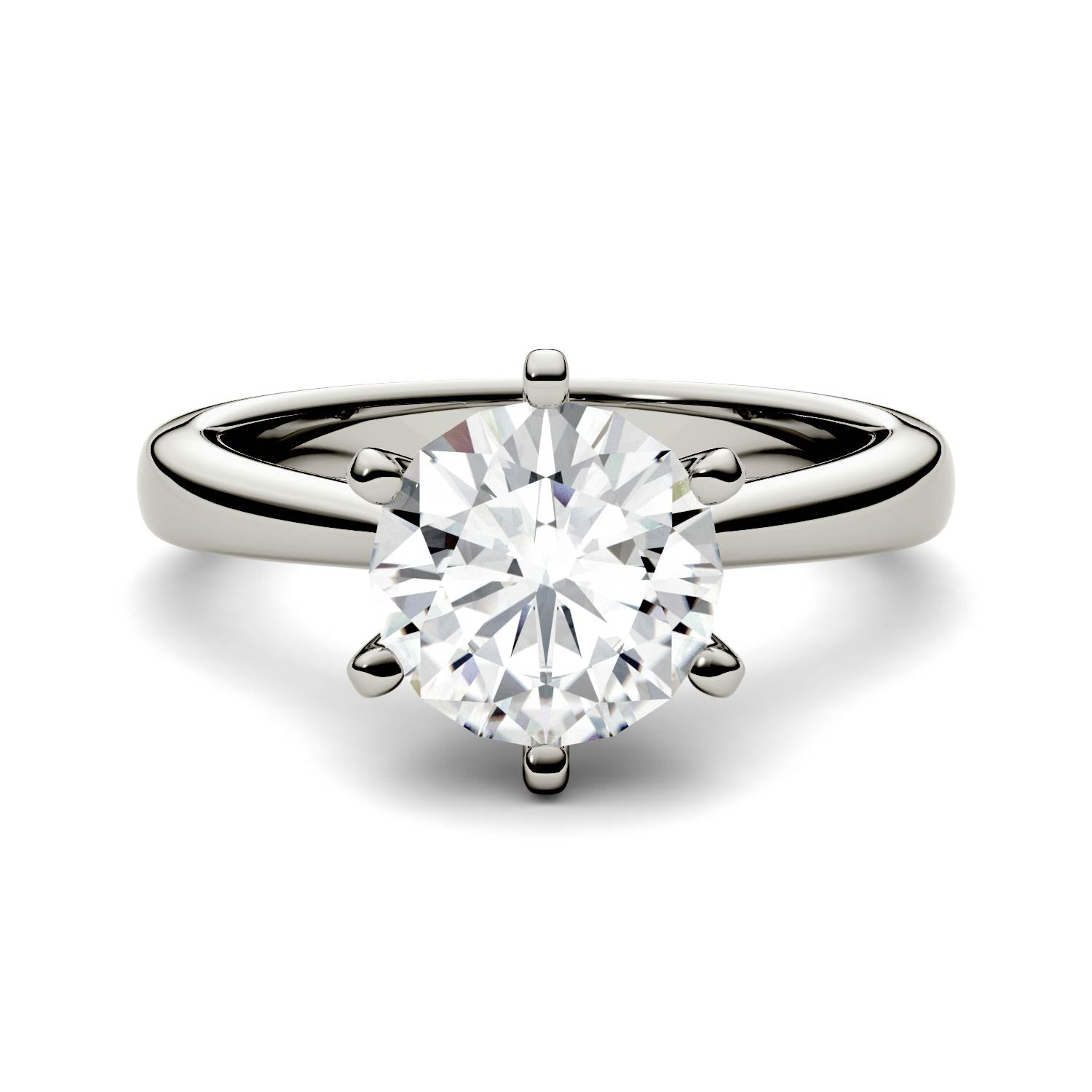 1.90 CTW DEW Round Moissanite Six-Prong Cathedral Solitaire Engagement Ring in 14K White Gold