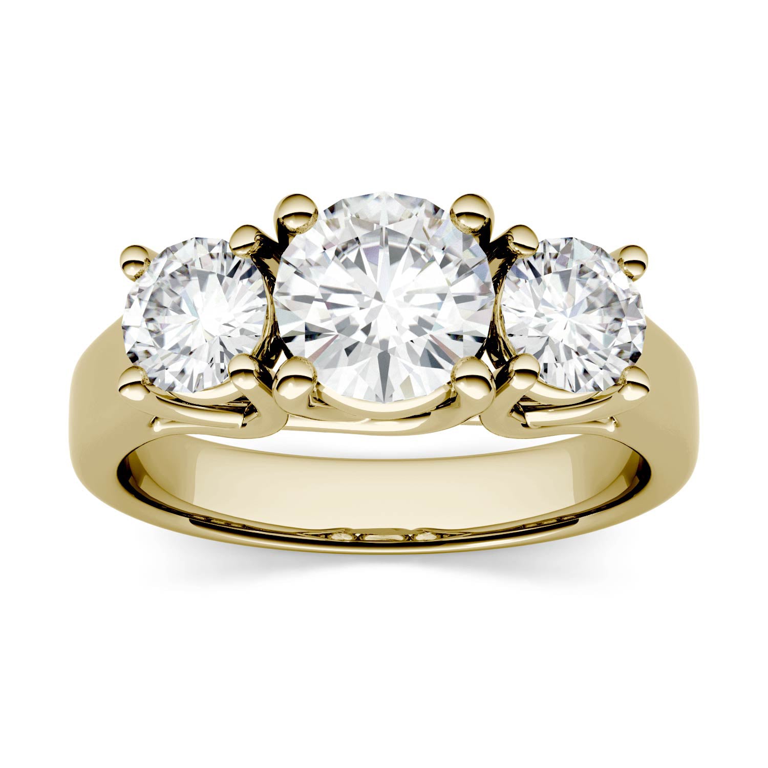 2.00 CTW DEW Round Moissanite Three Stone Ring in 14K Yellow Gold