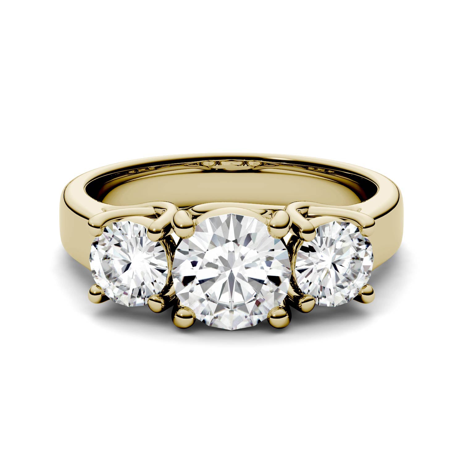 2.00 CTW DEW Round Moissanite Three Stone Ring in 14K Yellow Gold