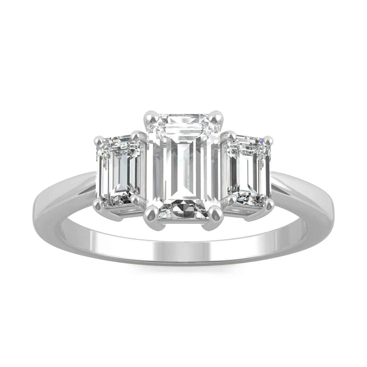 1.55 CTW DEW Emerald Moissanite Three Stone Ring in 14K White Gold