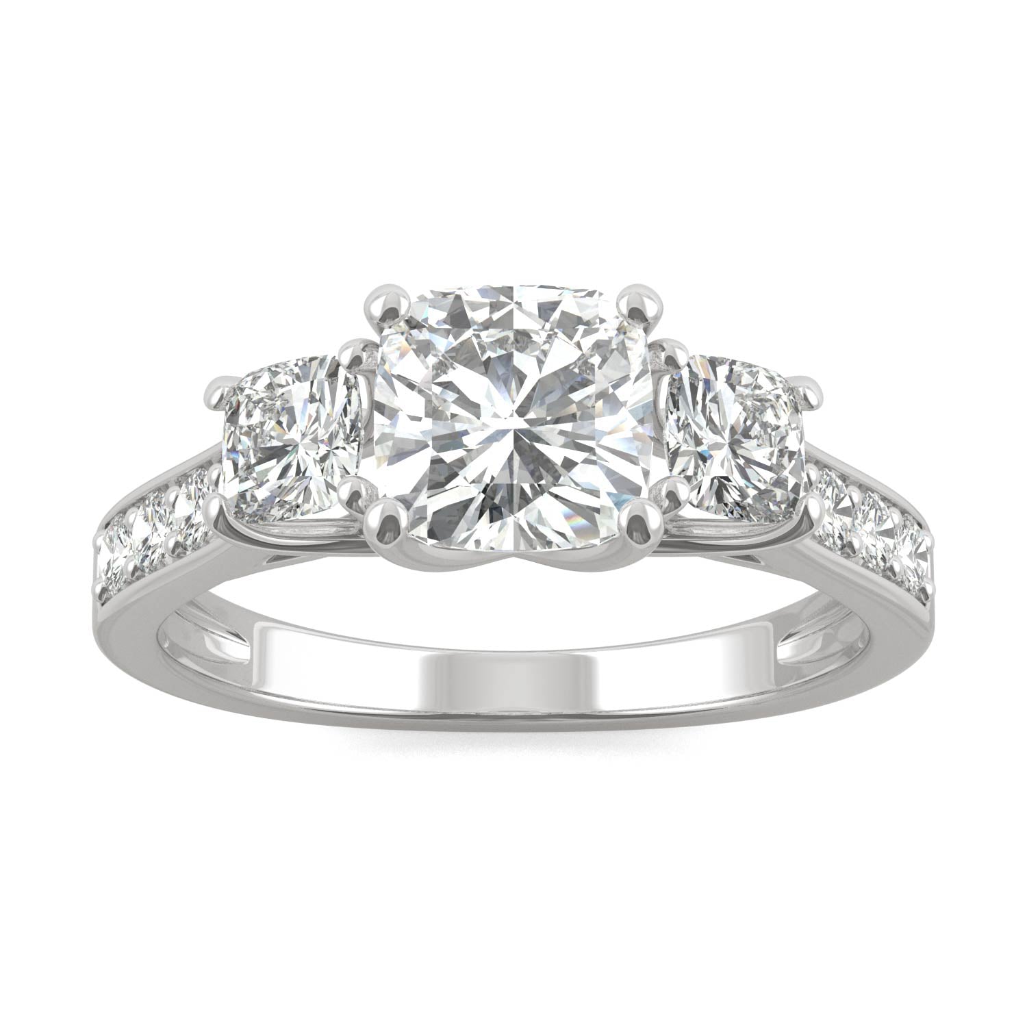 2.14 CTW DEW Cushion Moissanite Three-Stone Ring in 14K White Gold
