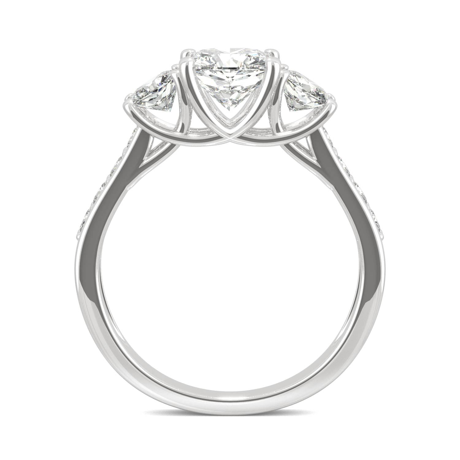 2.14 CTW DEW Cushion Moissanite Three-Stone Ring in 14K White Gold