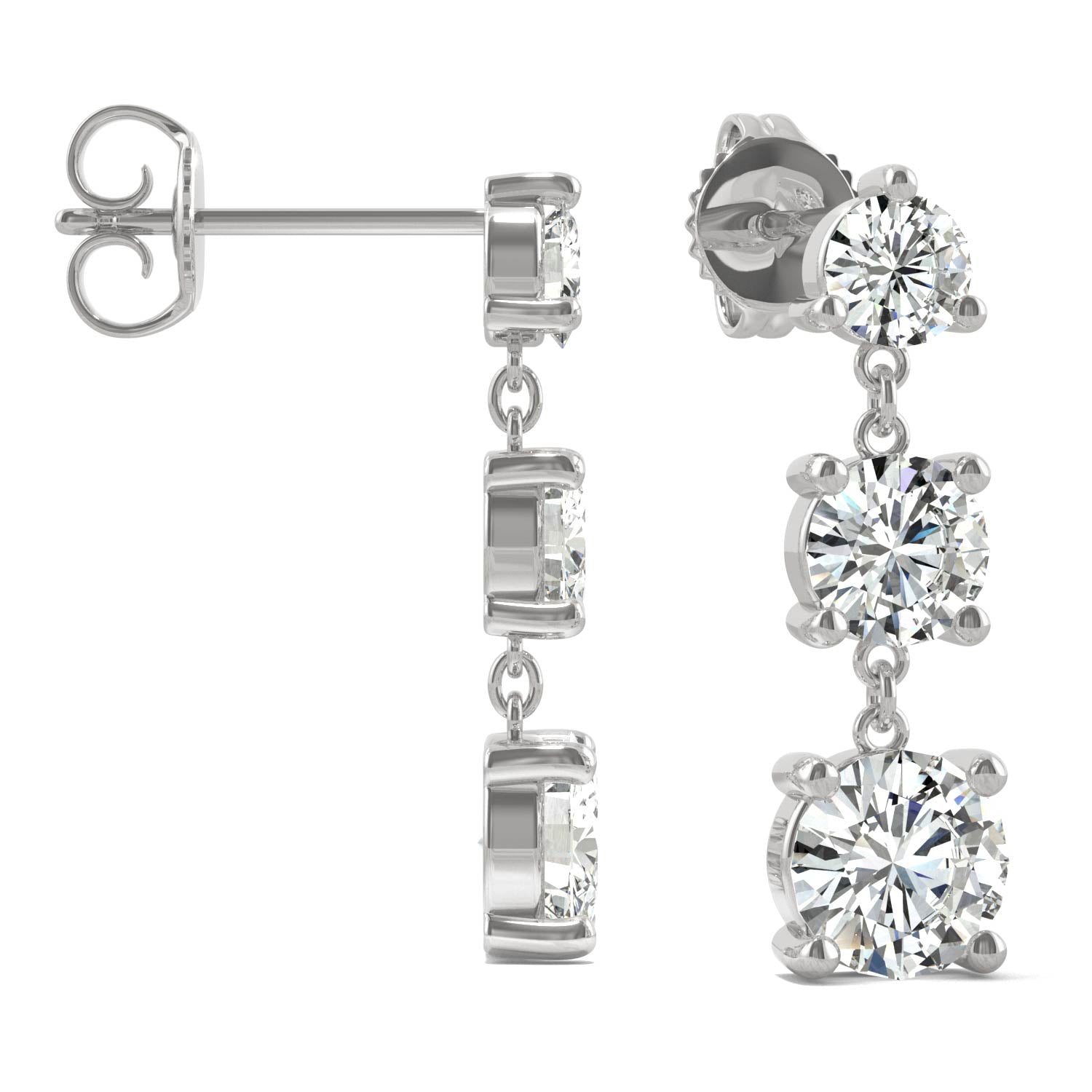 2.18 CTW DEW Round Moissanite Graduated Drop Earrings in 14K White Gold