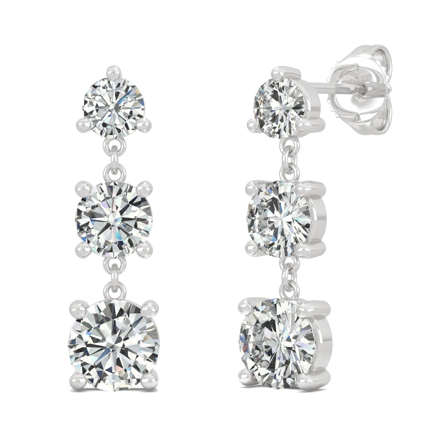 2.18 CTW DEW Round Moissanite Graduated Drop Earrings in 14K White Gold