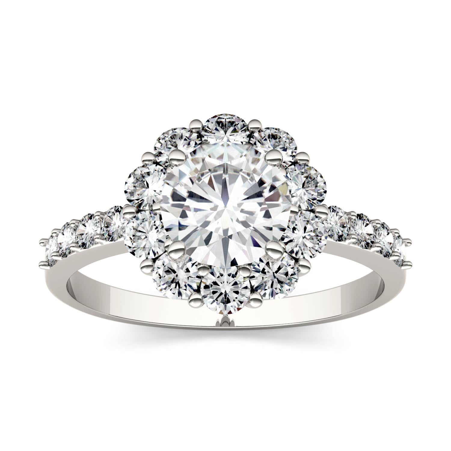 1.78 CTW DEW Round Moissanite Flower Halo Engagement Ring in 14K White Gold