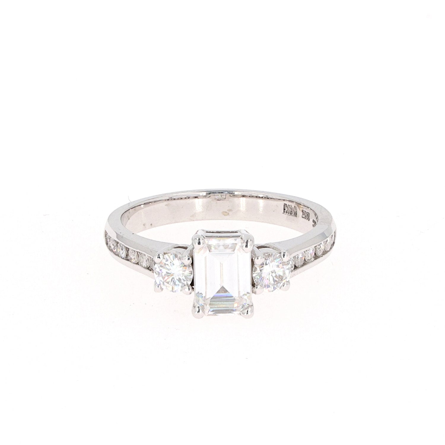 1.57 CTW DEW Emerald Near-Colorless Moissanite Three-Stone Engagement Ring in 14K White Gold
