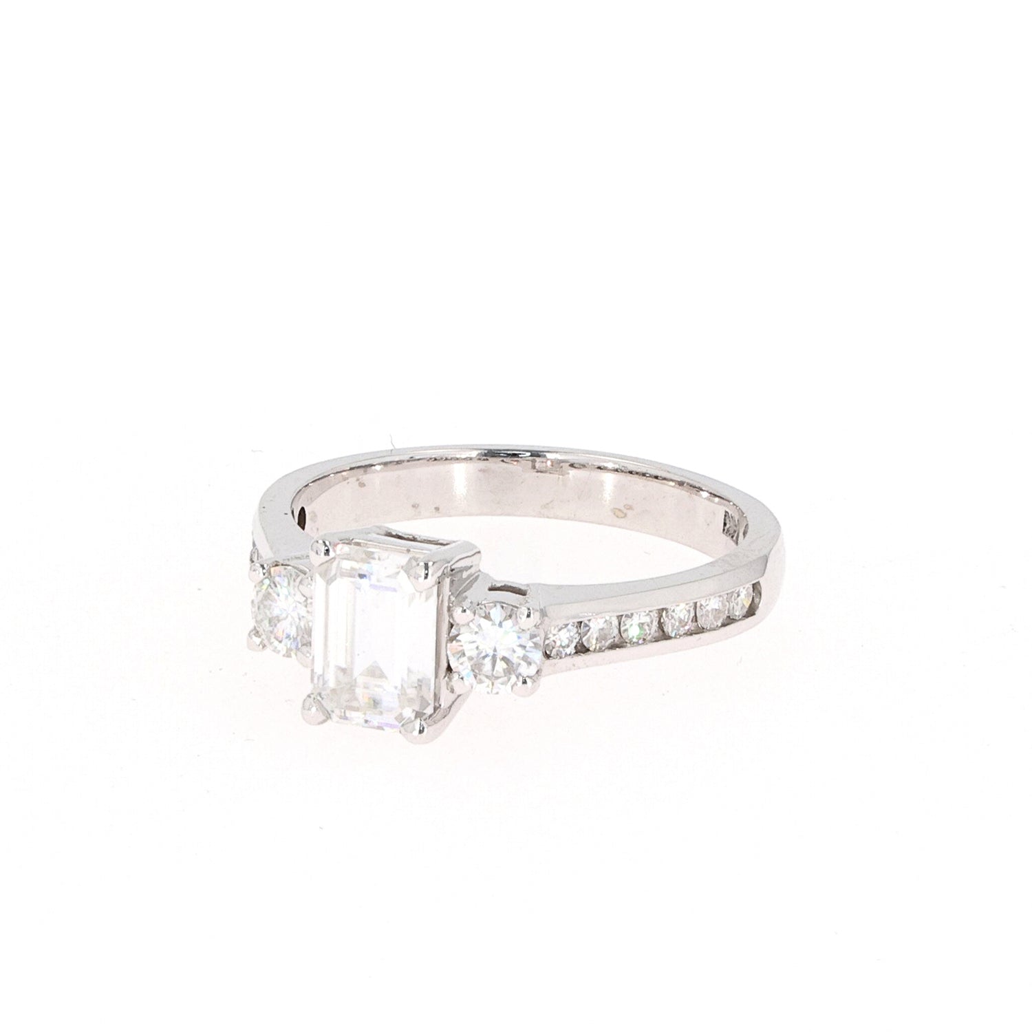 1.57 CTW DEW Emerald Near-Colorless Moissanite Three-Stone Engagement Ring in 14K White Gold