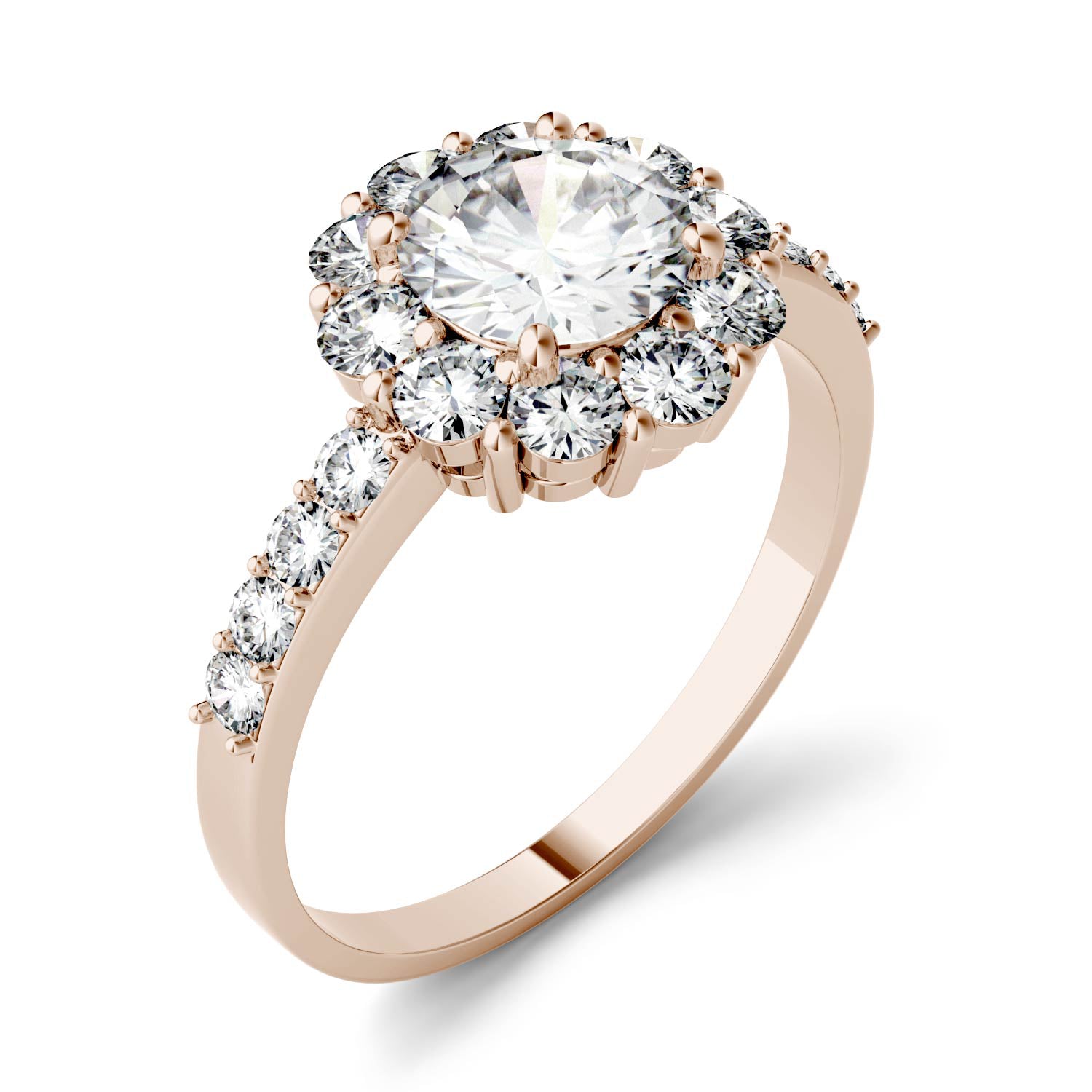 1.78 CTW DEW Round Moissanite Halo Ring in 14K Rose Gold