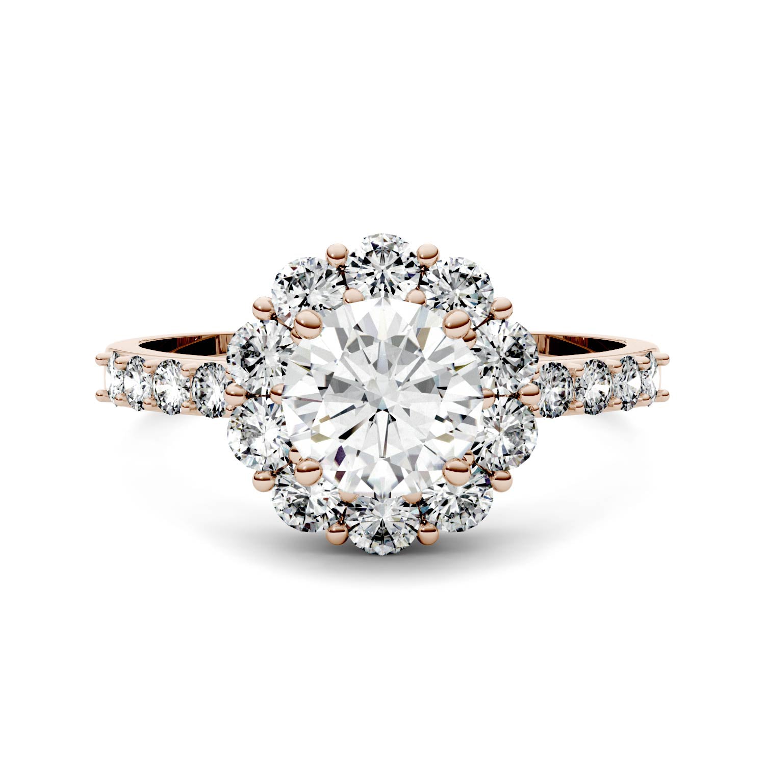 1.78 CTW DEW Round Moissanite Halo Ring in 14K Rose Gold