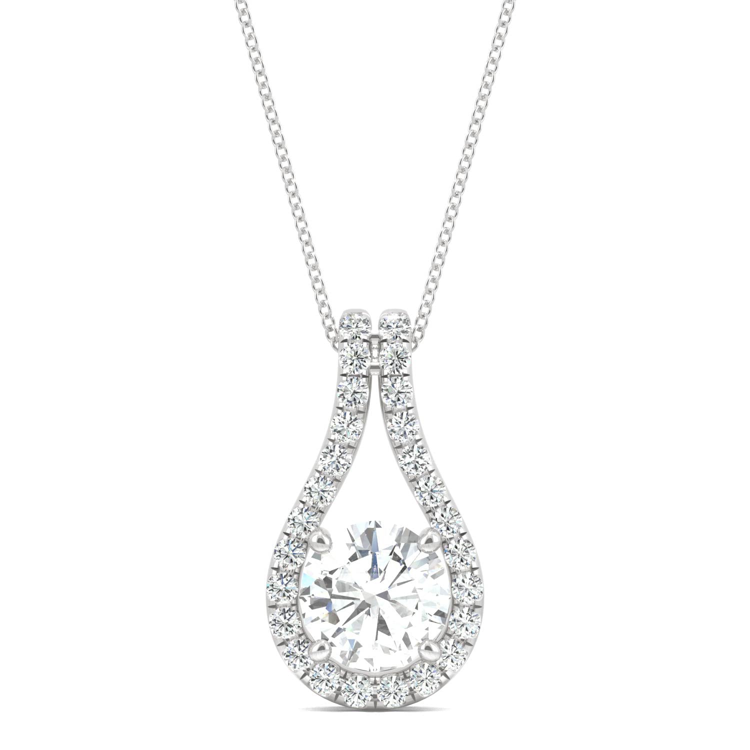 1.61 CTW DEW Round Moissanite Halo Necklace in 14K White Gold