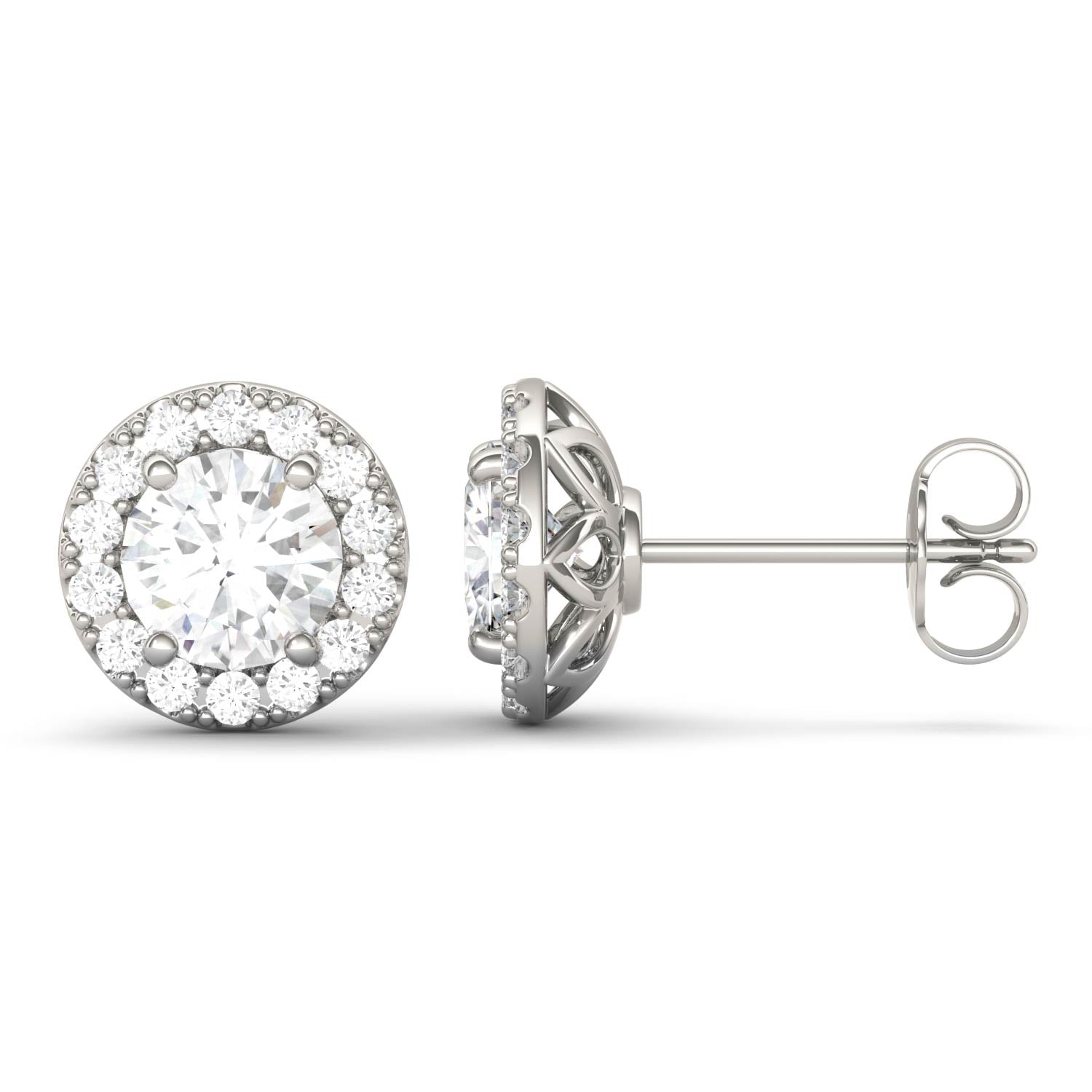 CTW DEW Round Moissanite Halo Earrings in 14K White Gold