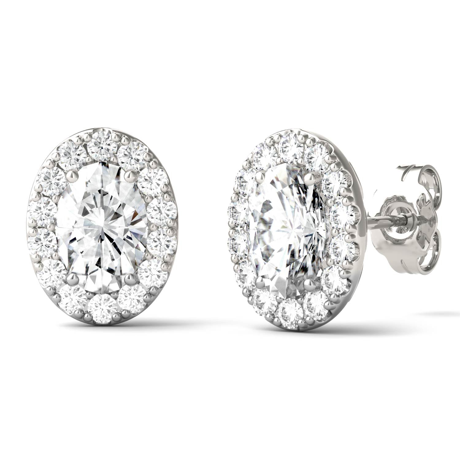 2.22 CTW DEW Oval Moissanite Halo Earrings in 14K White Gold