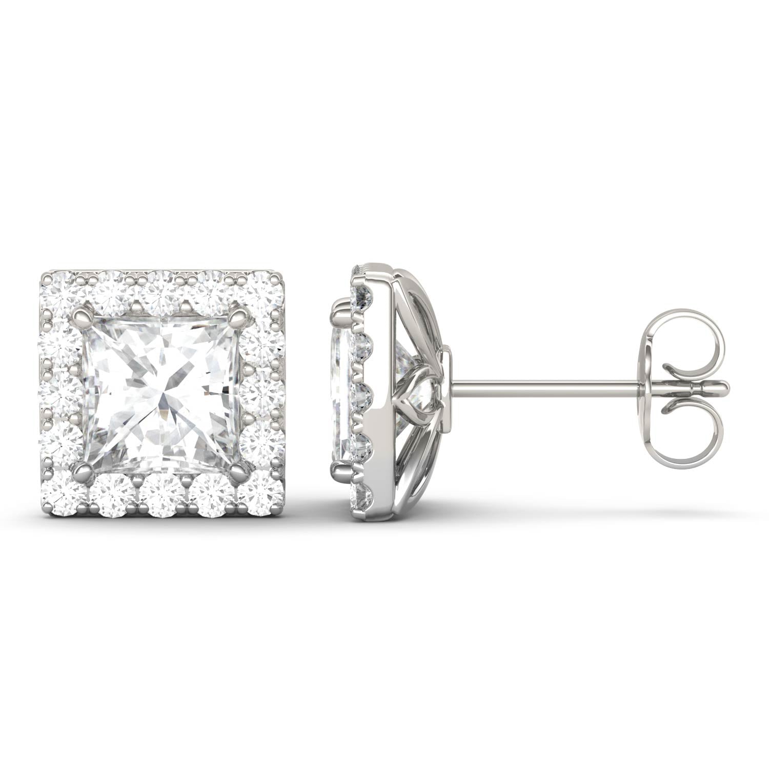 3.08 CTW DEW Square Moissanite Halo Earrings in 14K White Gold