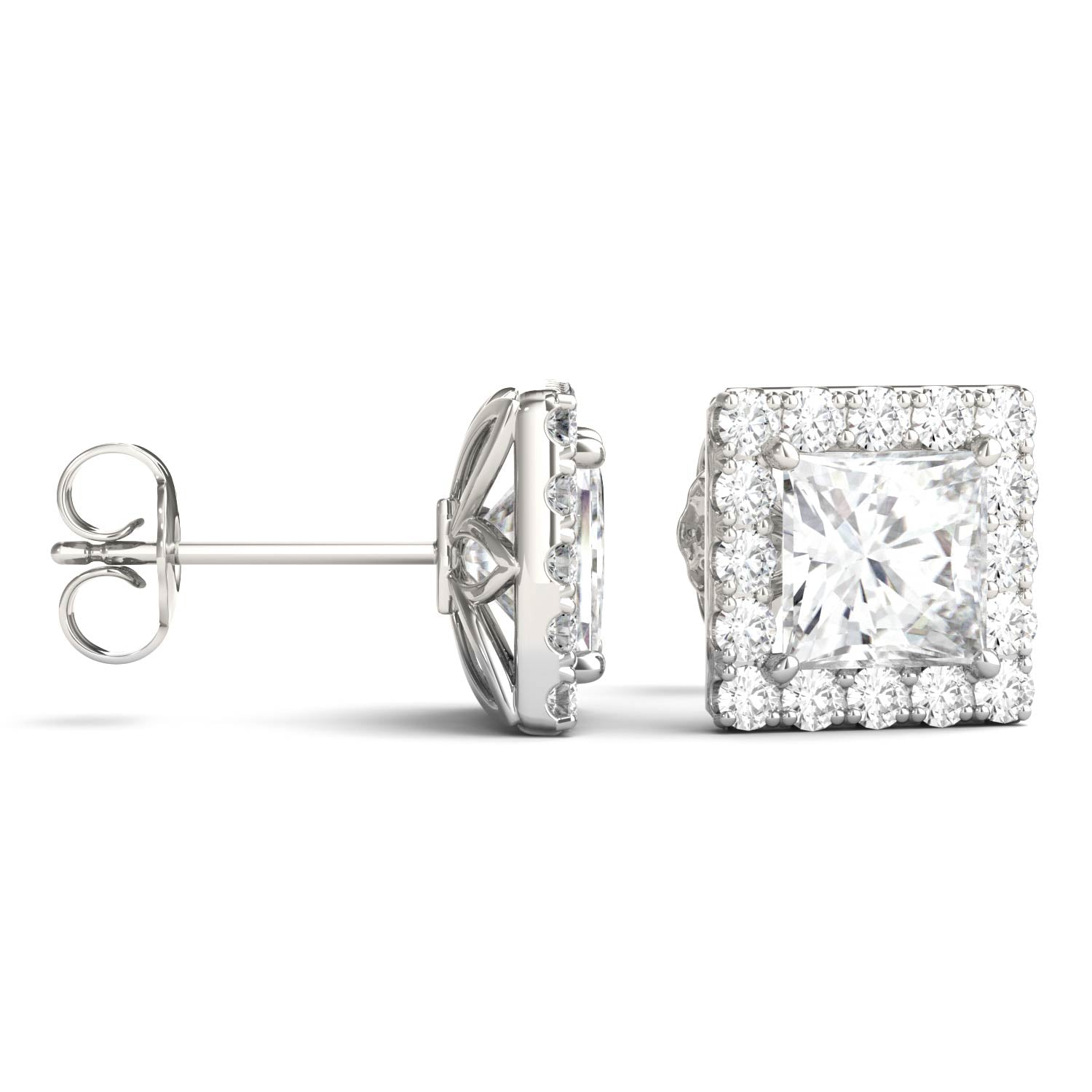 3.08 CTW DEW Square Moissanite Halo Earrings in 14K White Gold