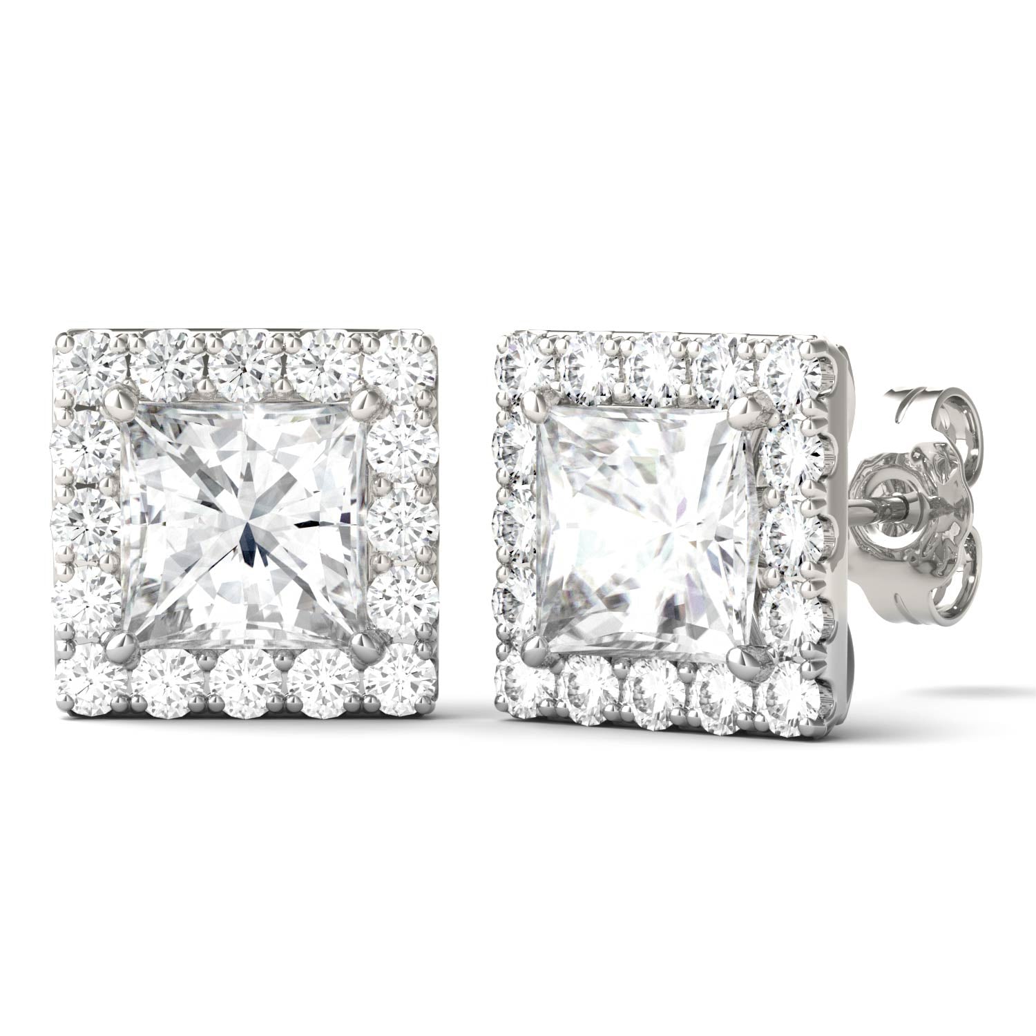 3.08 CTW DEW Square Moissanite Halo Earrings in 14K White Gold