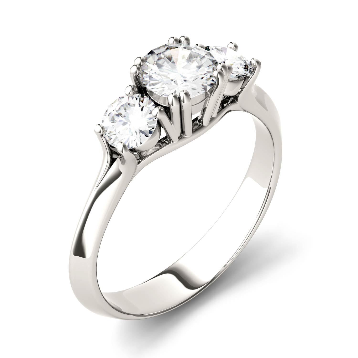 1.06 CTW DEW Round Moissanite Three Stone Ring in 14K White Gold