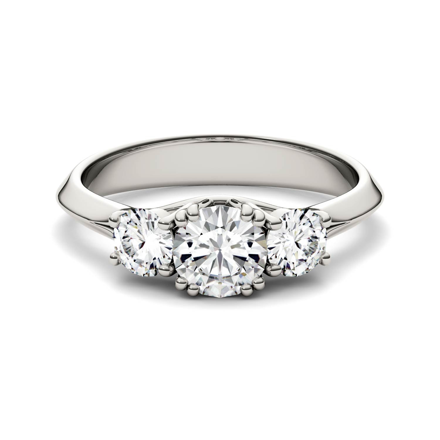 1.06 CTW DEW Round Moissanite Three Stone Ring in 14K White Gold