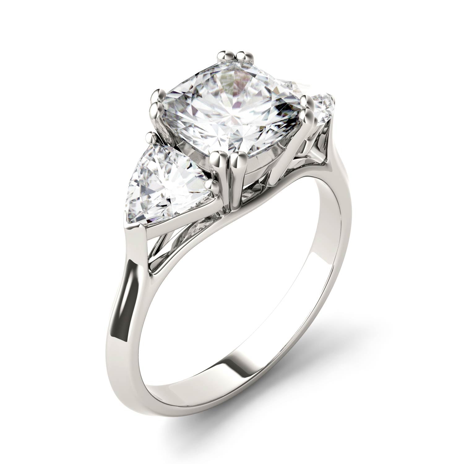 3.00 CTW DEW Cushion Moissanite Three Stone Ring in 14K White Gold