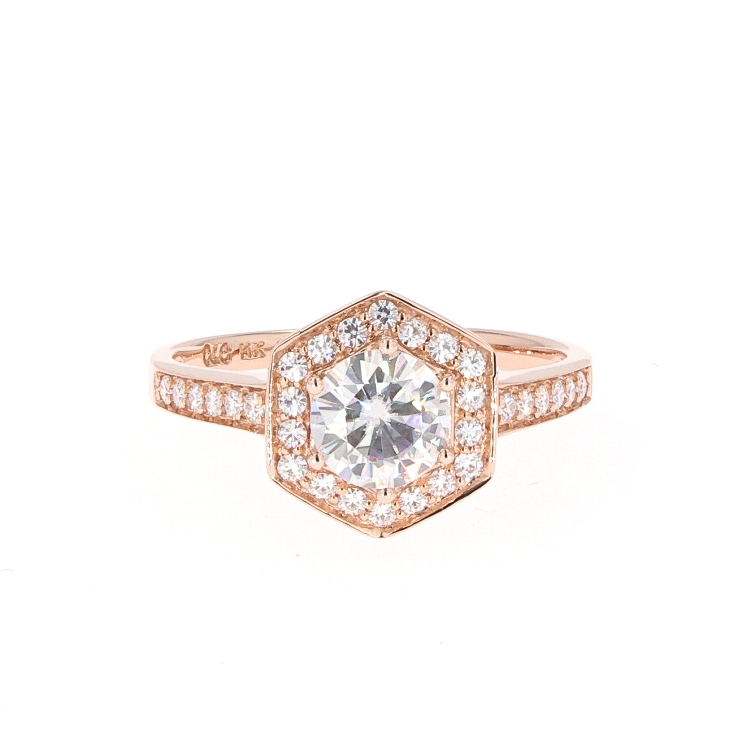 1.10 CTW DEW Round Near-Colorless Moissanite Geometric Halo Engagement Ring in 14K Rose Gold