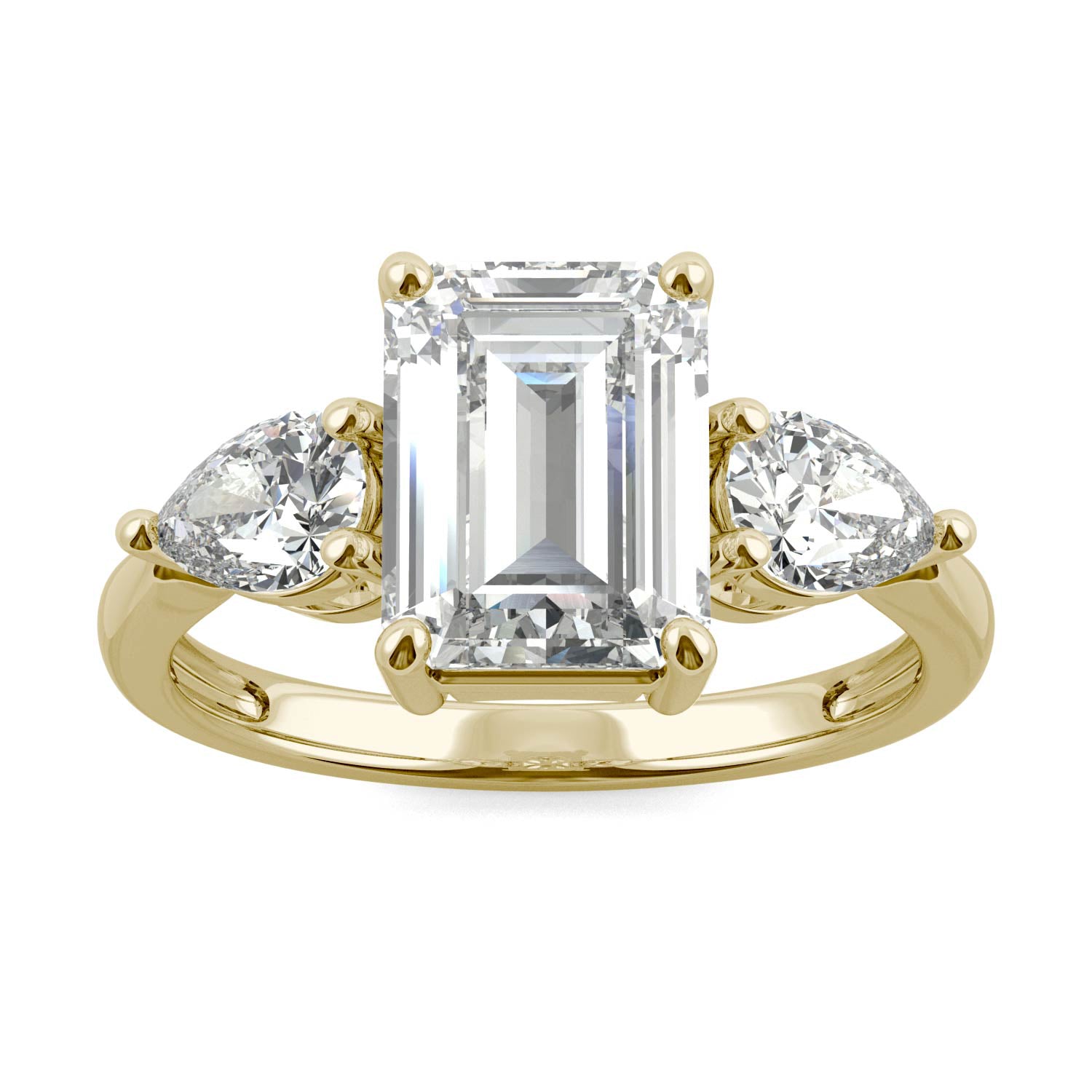 3.38 CTW DEW Emerald and Pear Three-Stone Moissanite Engagement Ring in 14K Yellow Gold