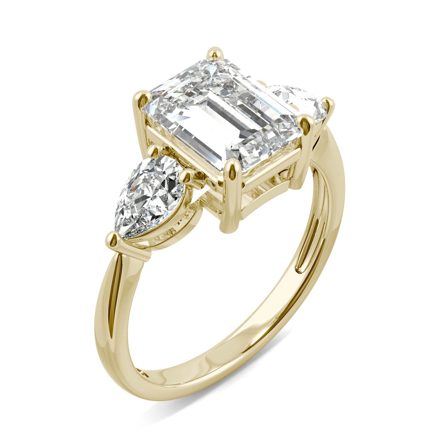 3.38 CTW DEW Emerald and Pear Three-Stone Moissanite Engagement Ring in 14K Yellow Gold