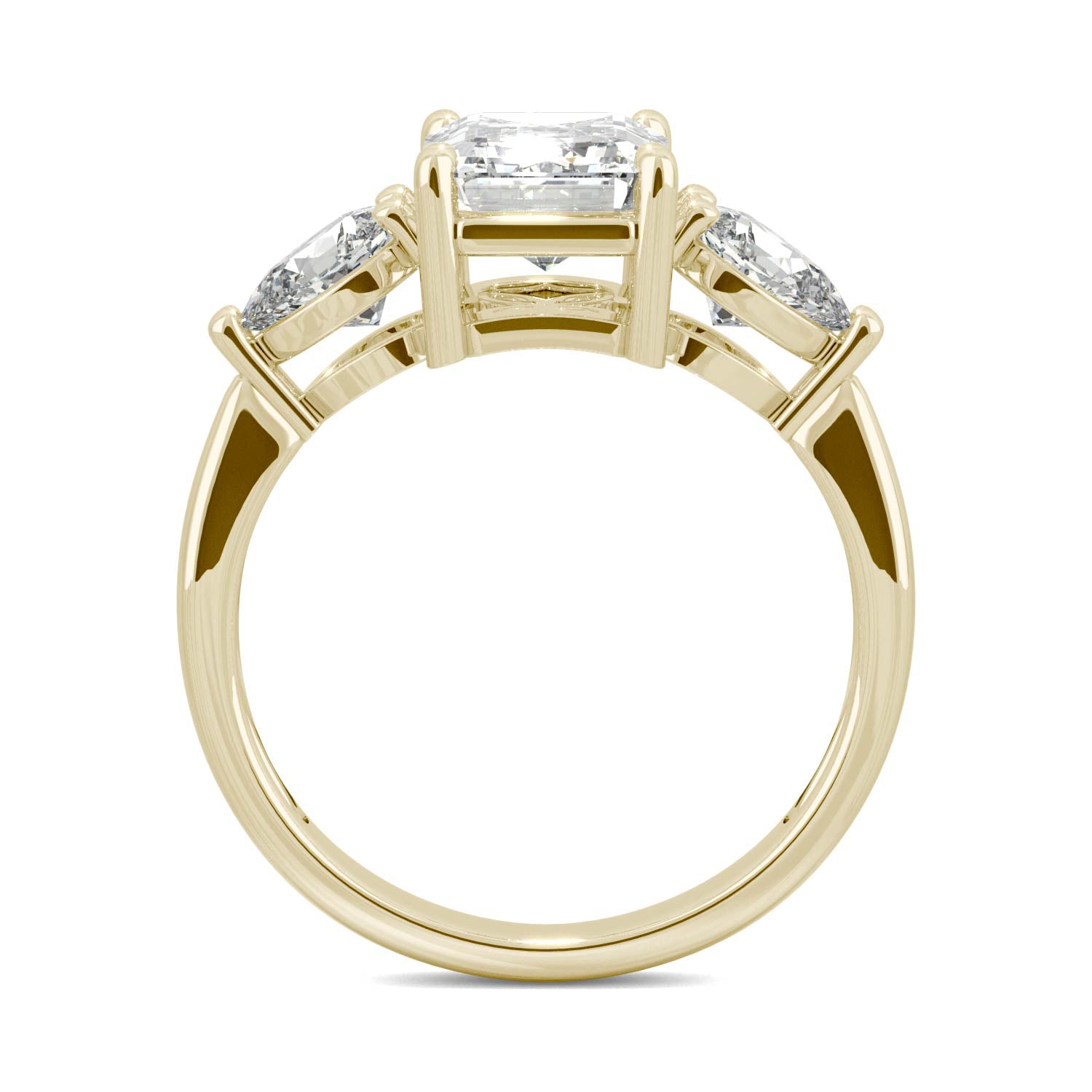 3.38 CTW DEW Emerald and Pear Three-Stone Moissanite Engagement Ring in 14K Yellow Gold