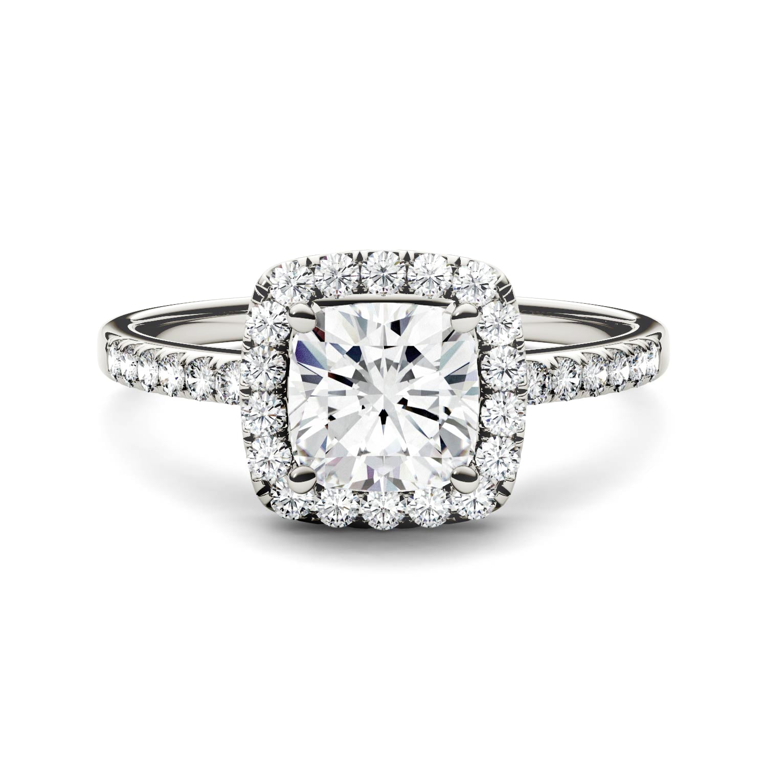 1.40 CTW DEW Cushion Moissanite Side-Stone Halo Engagement Ring in 14K White Gold
