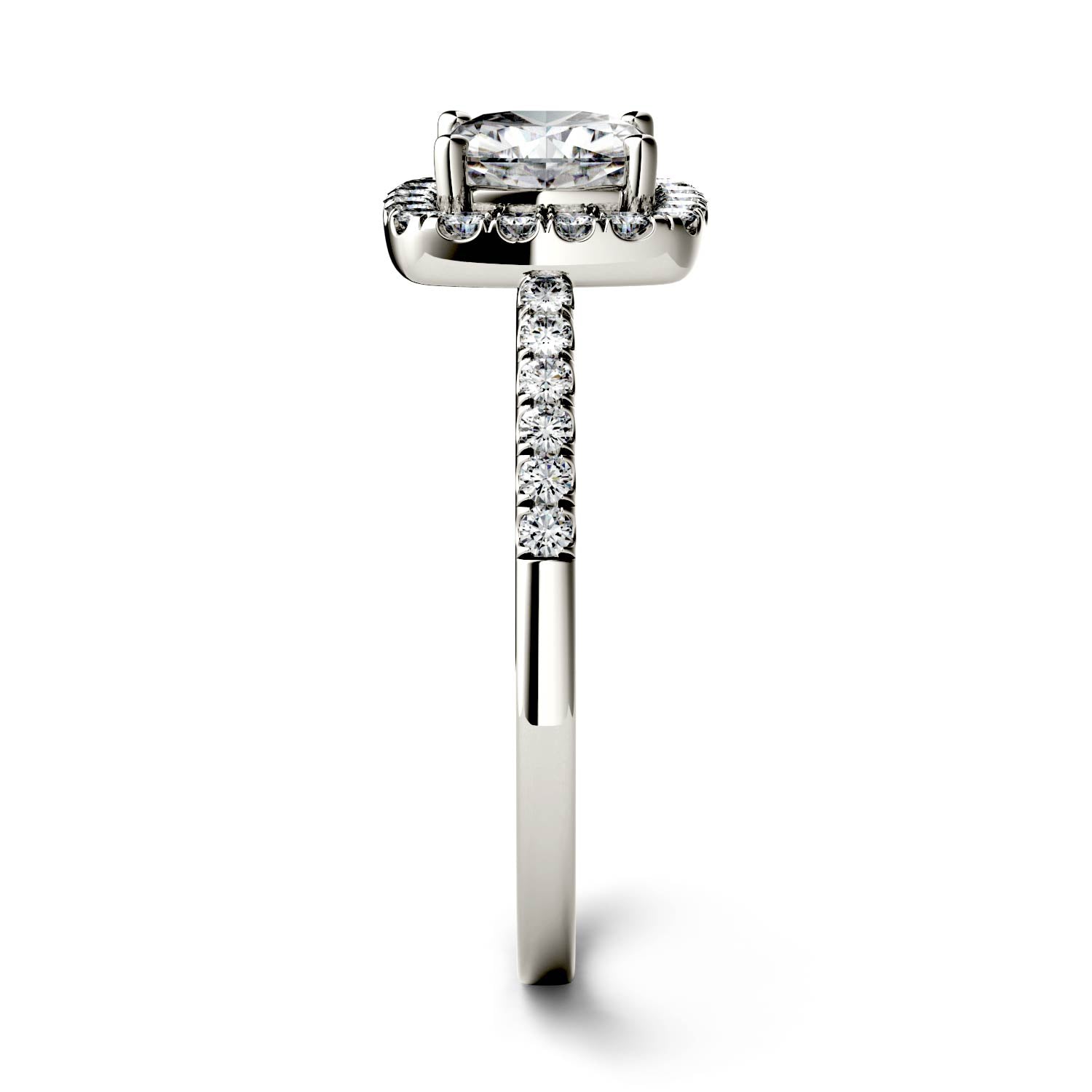 1.40 CTW DEW Cushion Moissanite Side-Stone Halo Engagement Ring in 14K White Gold