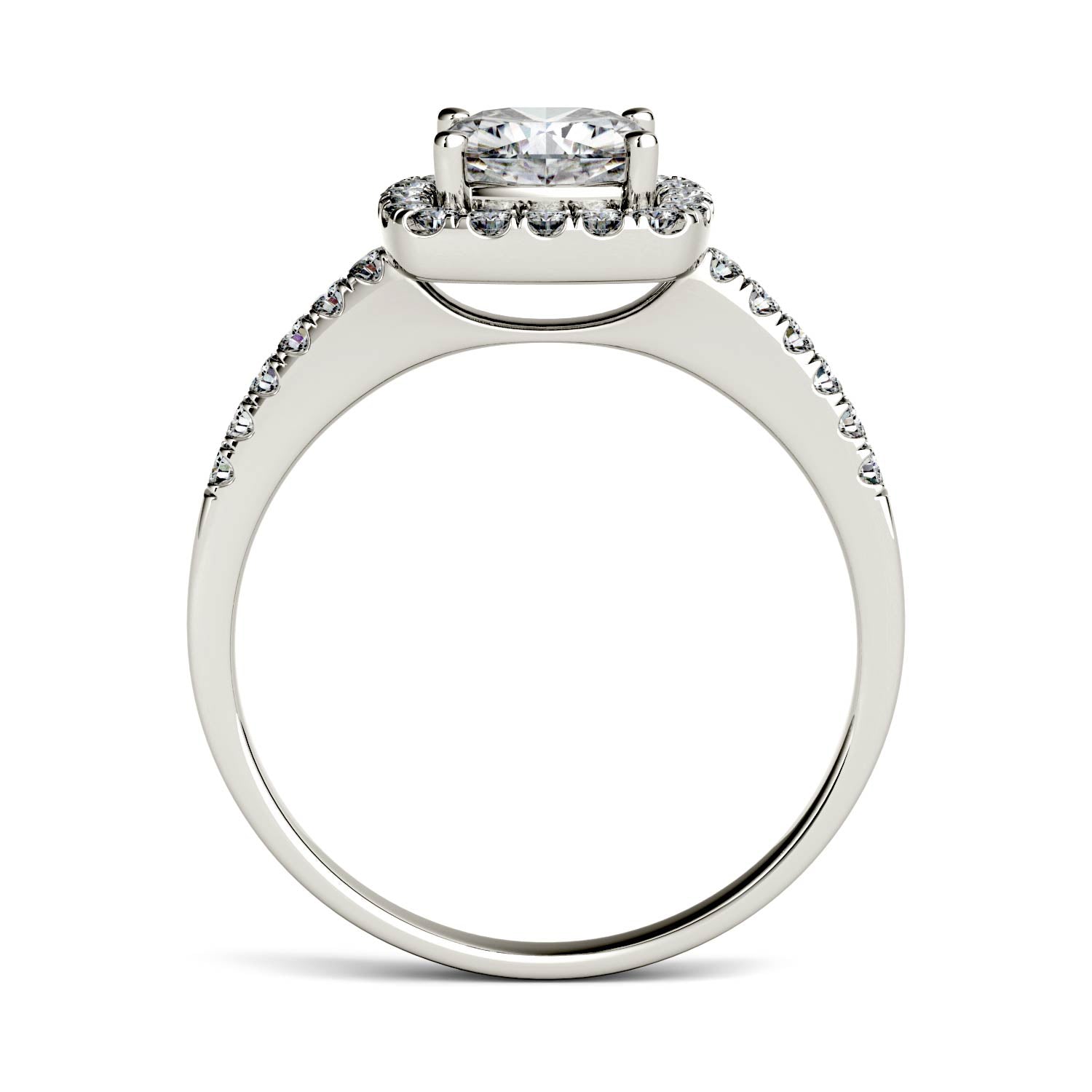 1.40 CTW DEW Cushion Moissanite Side-Stone Halo Engagement Ring in 14K White Gold