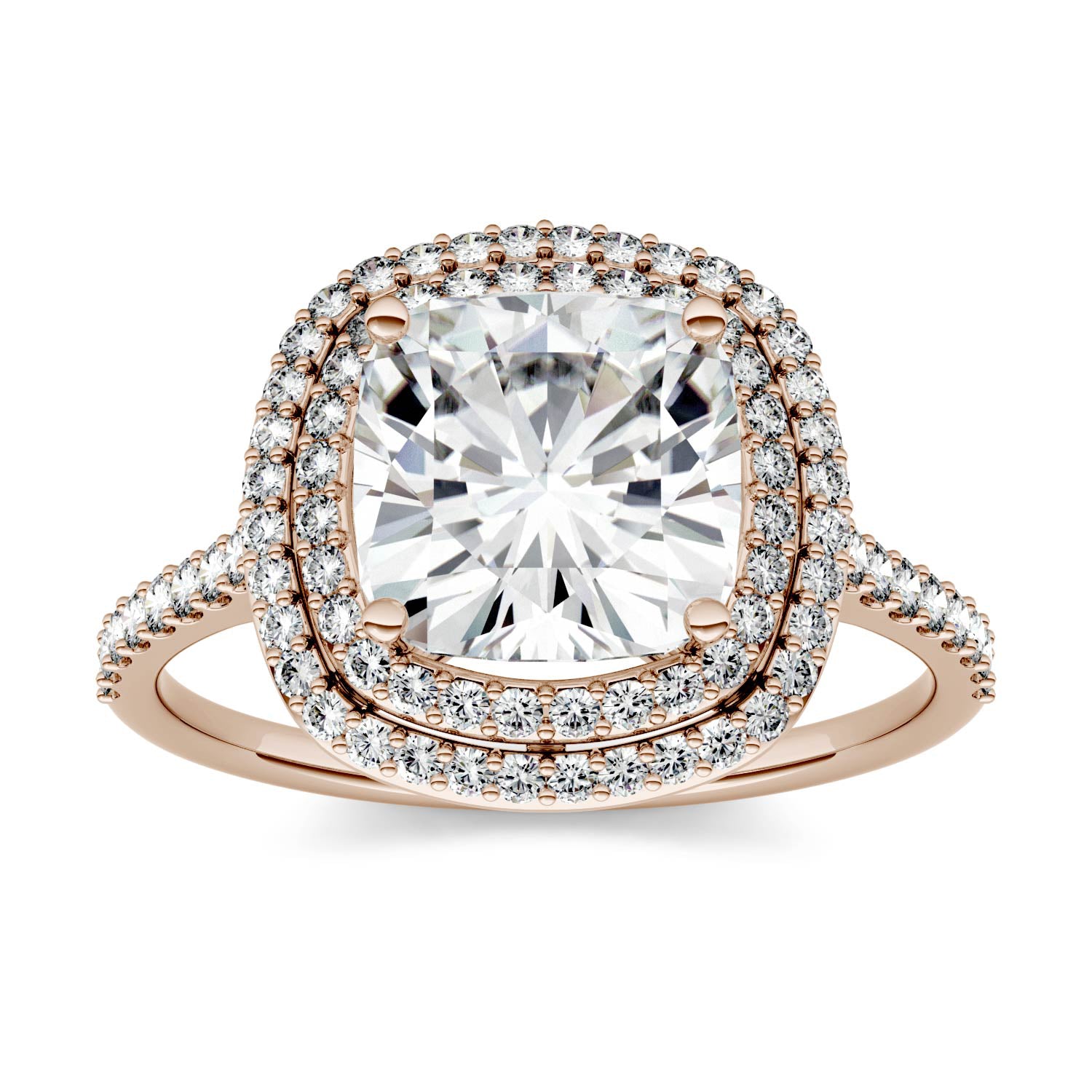 2.90 CTW DEW Cushion Moissanite Halo Ring in 14K Rose Gold