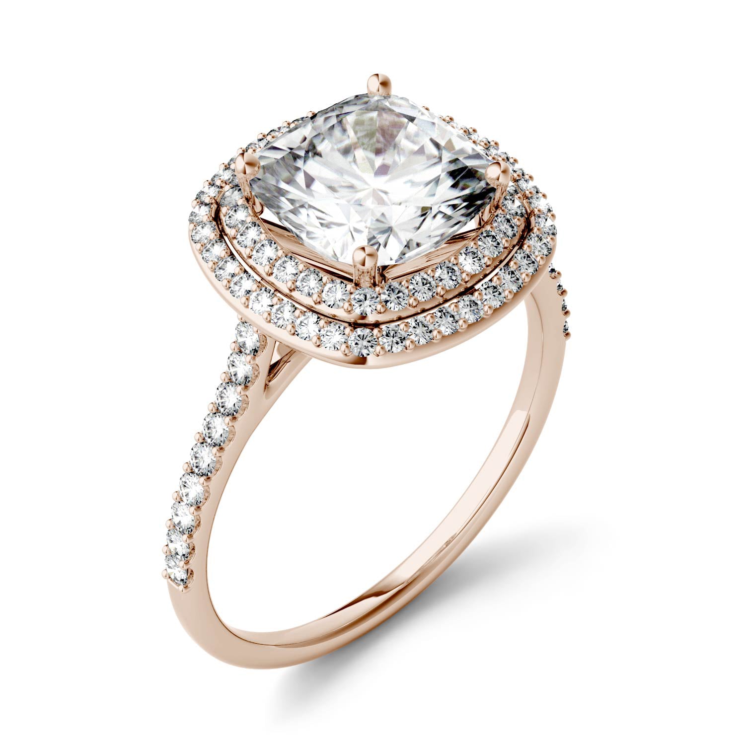 2.90 CTW DEW Cushion Moissanite Halo Ring in 14K Rose Gold