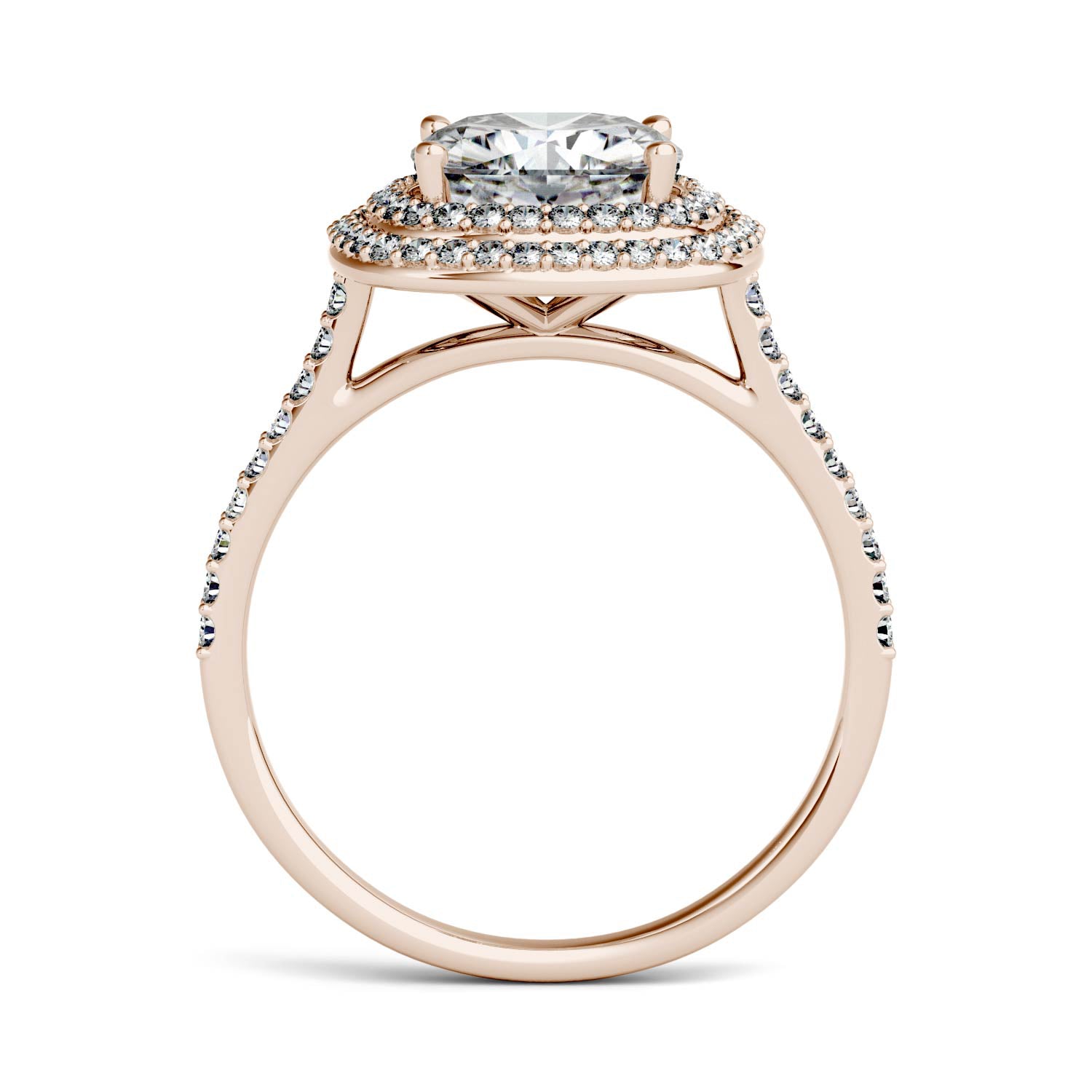 2.90 CTW DEW Cushion Moissanite Halo Ring in 14K Rose Gold
