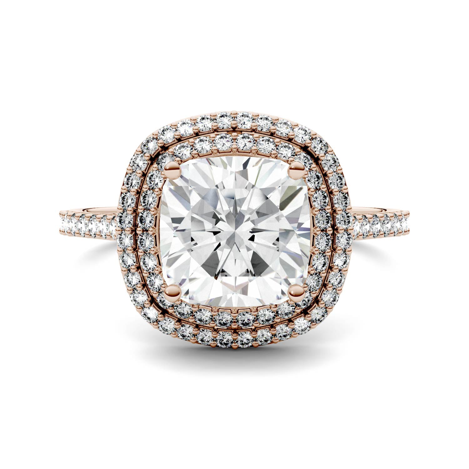 2.90 CTW DEW Cushion Moissanite Halo Ring in 14K Rose Gold
